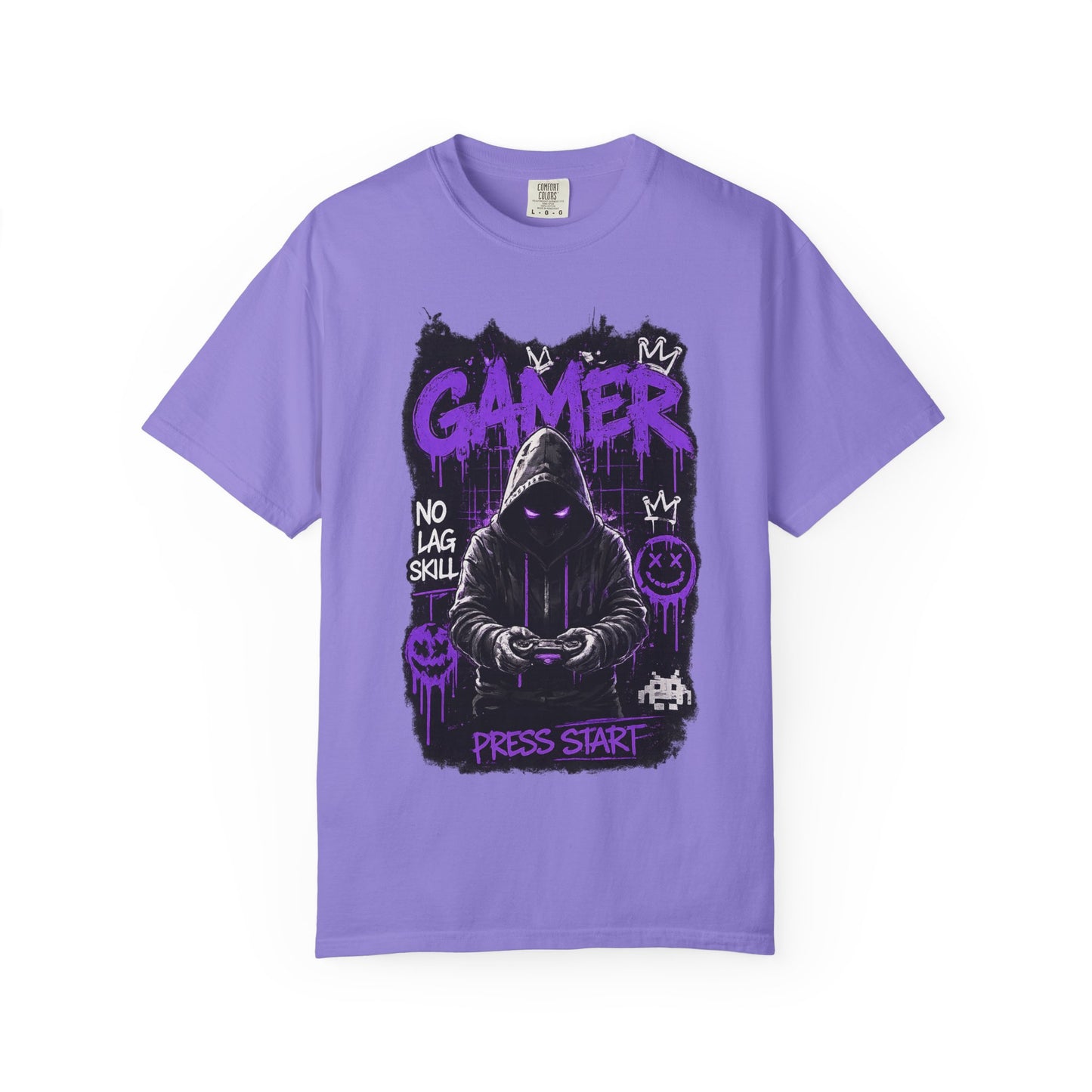 Gamer Hoodie Skull T‑Shirt — 'GAMER' Purple Graphic Press Start Tee