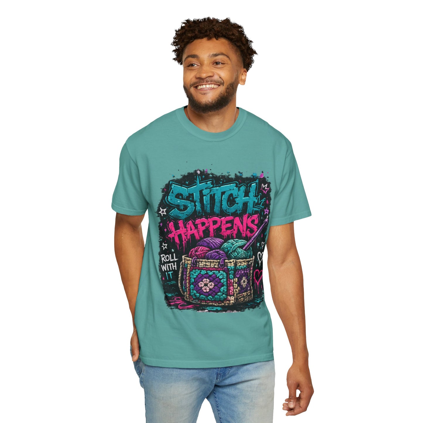 Stitch Happens T‑Shirt — Funny Knitting Crochet Tee (Roll With It)