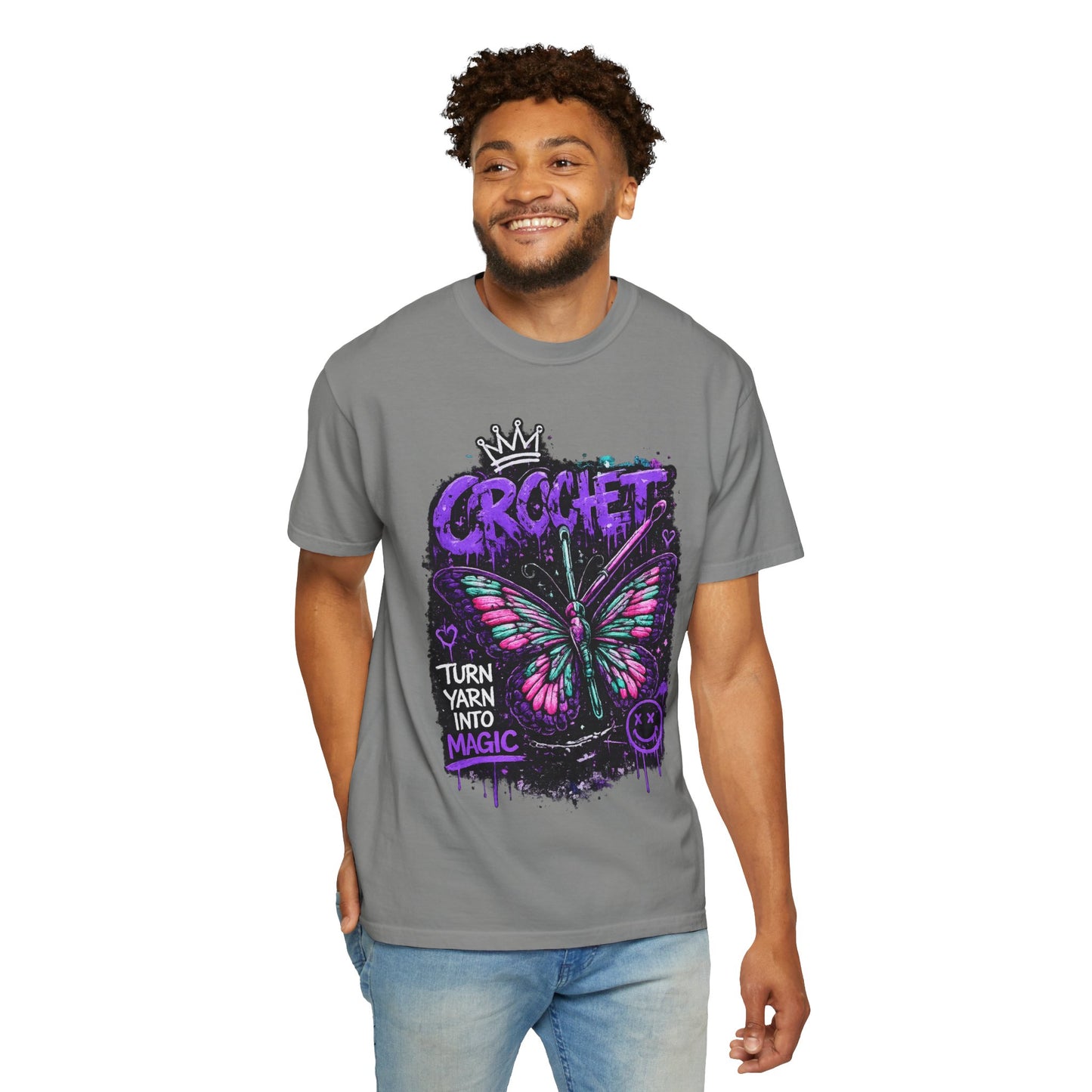 Crochet Butterfly T-Shirt — "Turn Yarn Into Magic" Graphic Tee