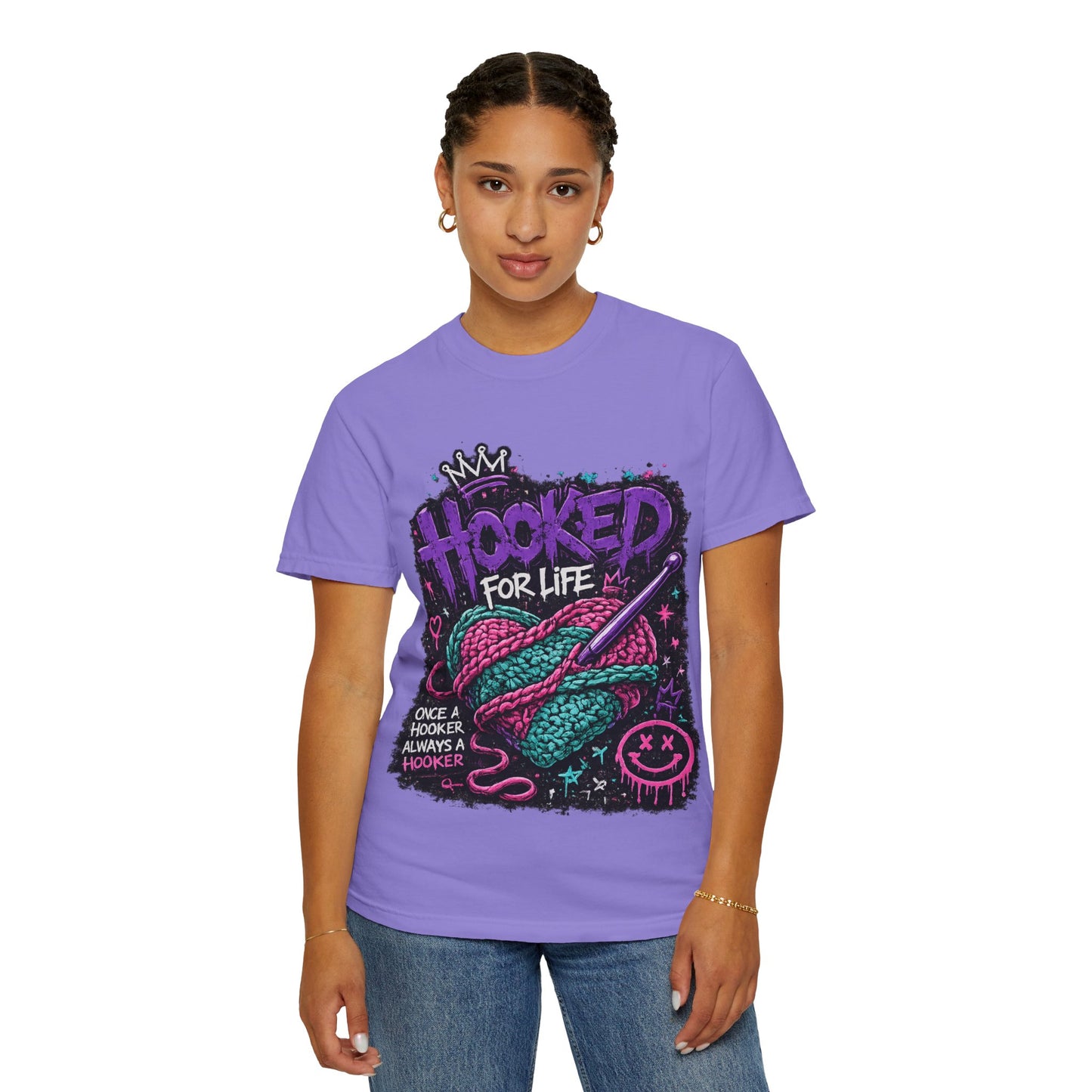 Hooked For Life Knitting T-Shirt — "Hooked for Life" Yarn & Crochet Graphic Tee
