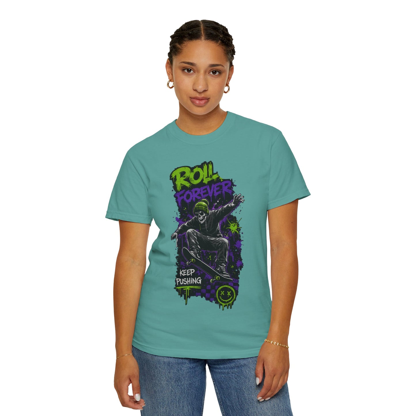 Skateboard T-Shirt — "Roll Forever / Keep Pushing" Graphic Tee