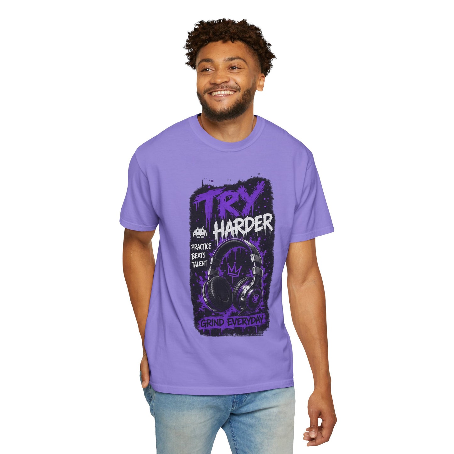 Try Harder Graphic T-Shirt — 'Try Harder' Headphones Motivational Tee