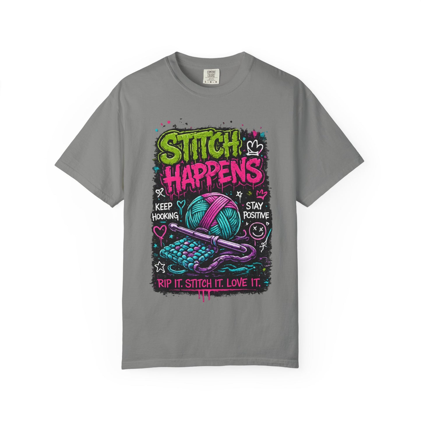 Stitch Happens T-Shirt — Funny Knitting & Crochet Graphic Tee