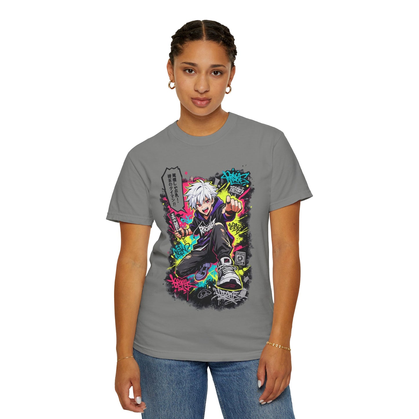 Anime Streetwear T-Shirt — Neon Urban Character Design with Japanese Text