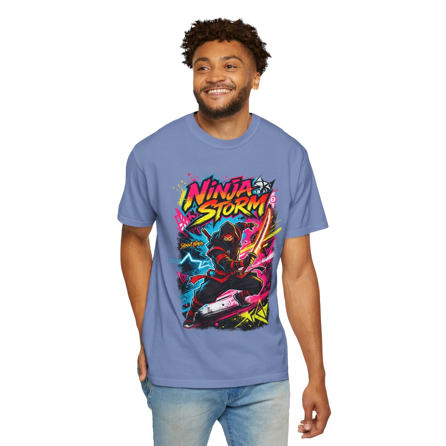 Ninja Storm Graphic T-Shirt — Neon Samurai Surf Design