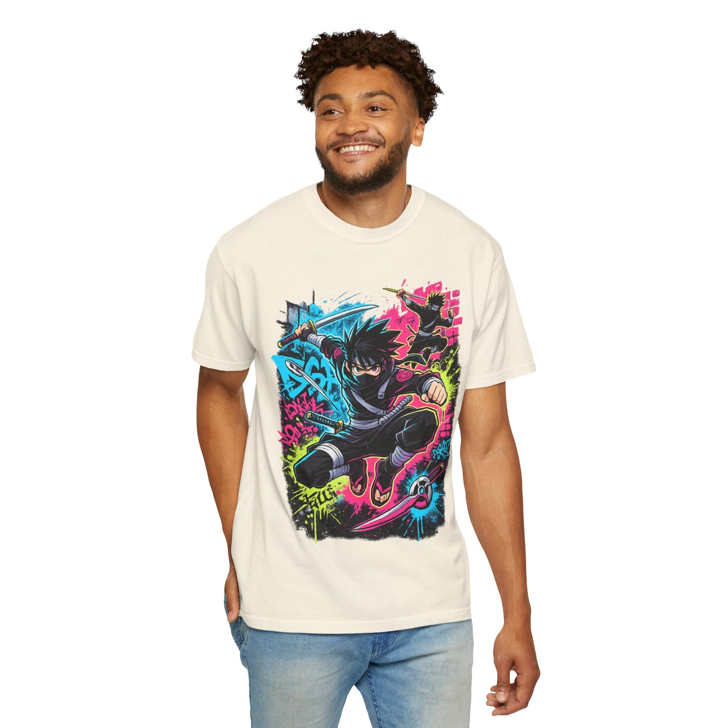 Anime Ninja Street Art T-Shirt — Neon Graffiti Graphic Tee