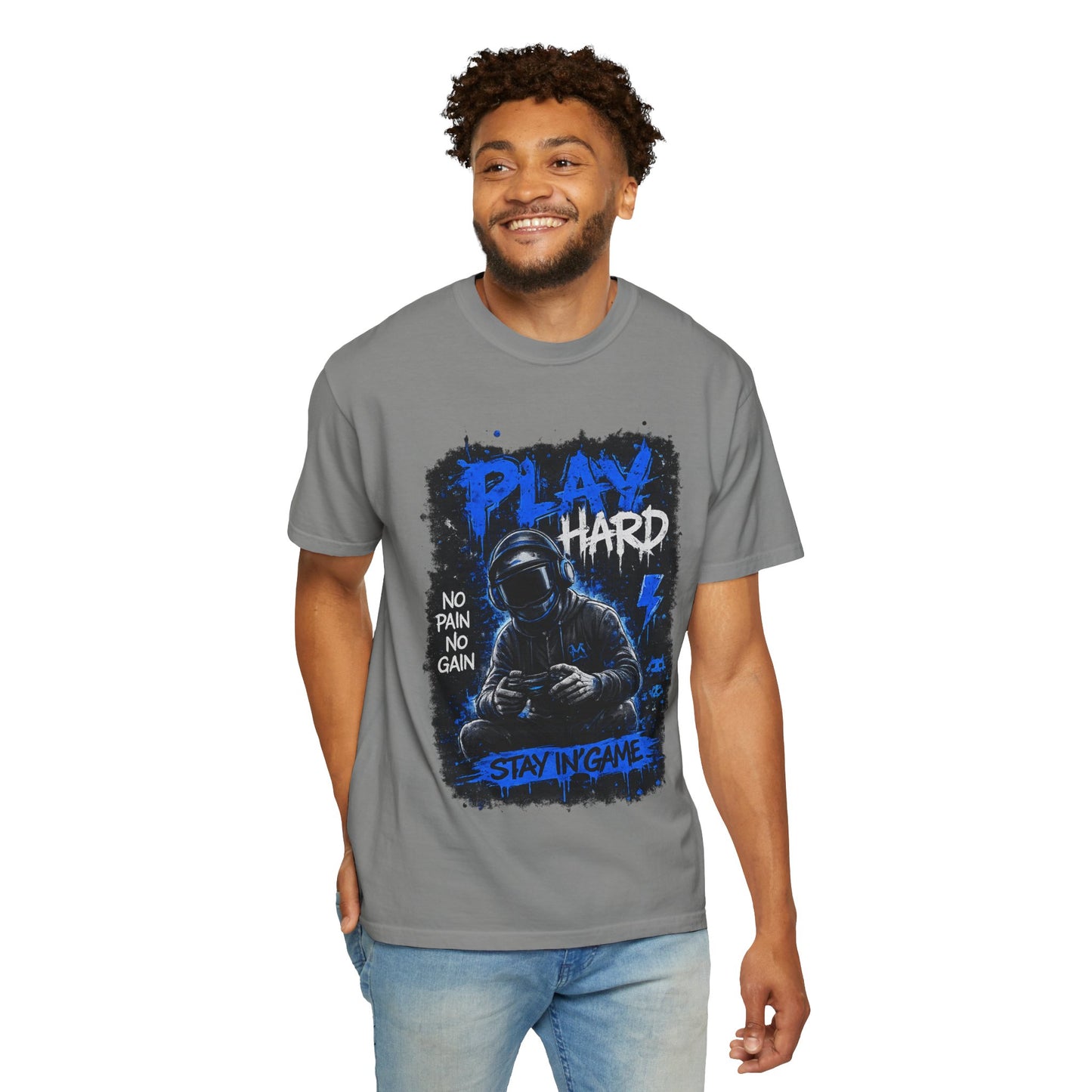 Play Hard Gamer Graphic T-Shirt — "No Pain No Gain" Hooded Player Design