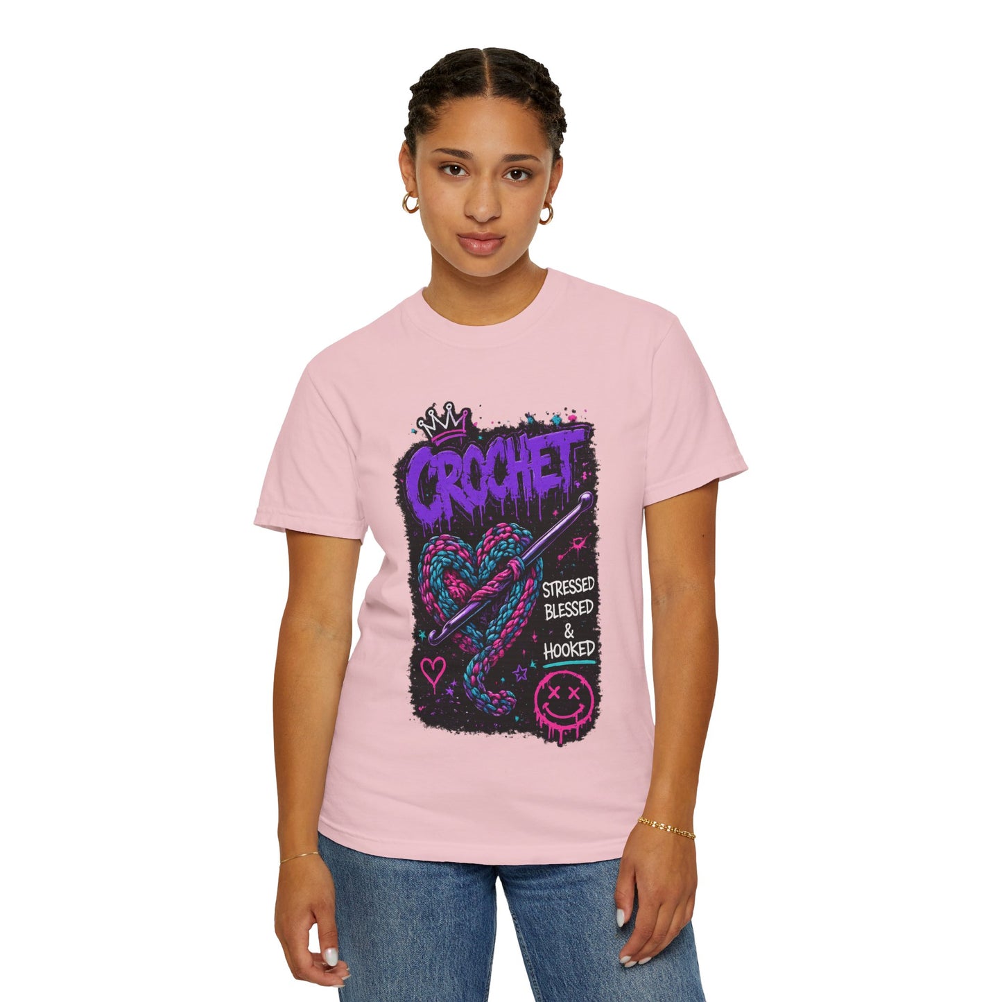 Crochet Graphic T-Shirt — "Stressed Blessed & Hooked" Retro Heart Design