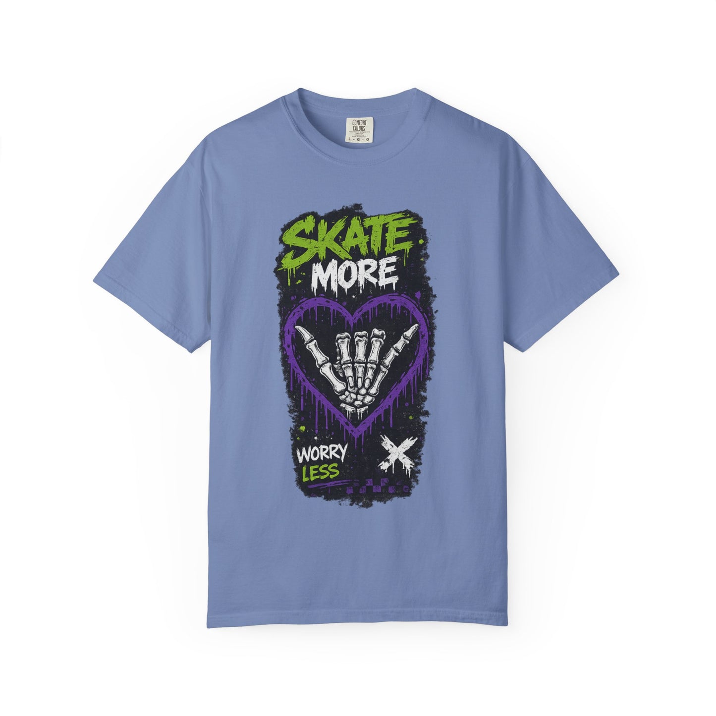 Skate More Worry Less T-Shirt — Skateboard Skeleton Hand Graphic Tee