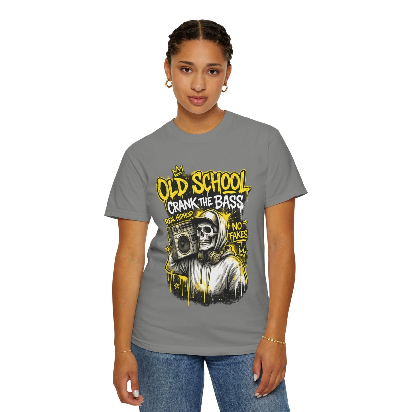 Old School Crank the Bass T-Shirt — Retro Hip Hop Skull Boombox Tee