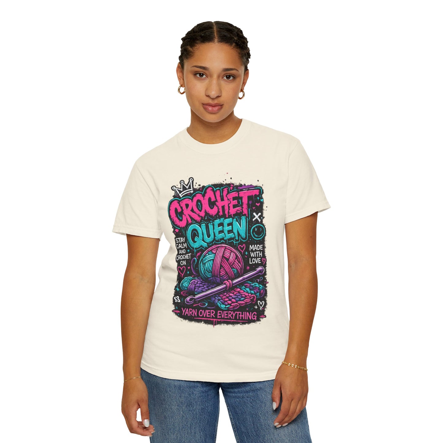 Crochet Queen T-Shirt — Yarn Over Everything Graphic Tee for Crafters