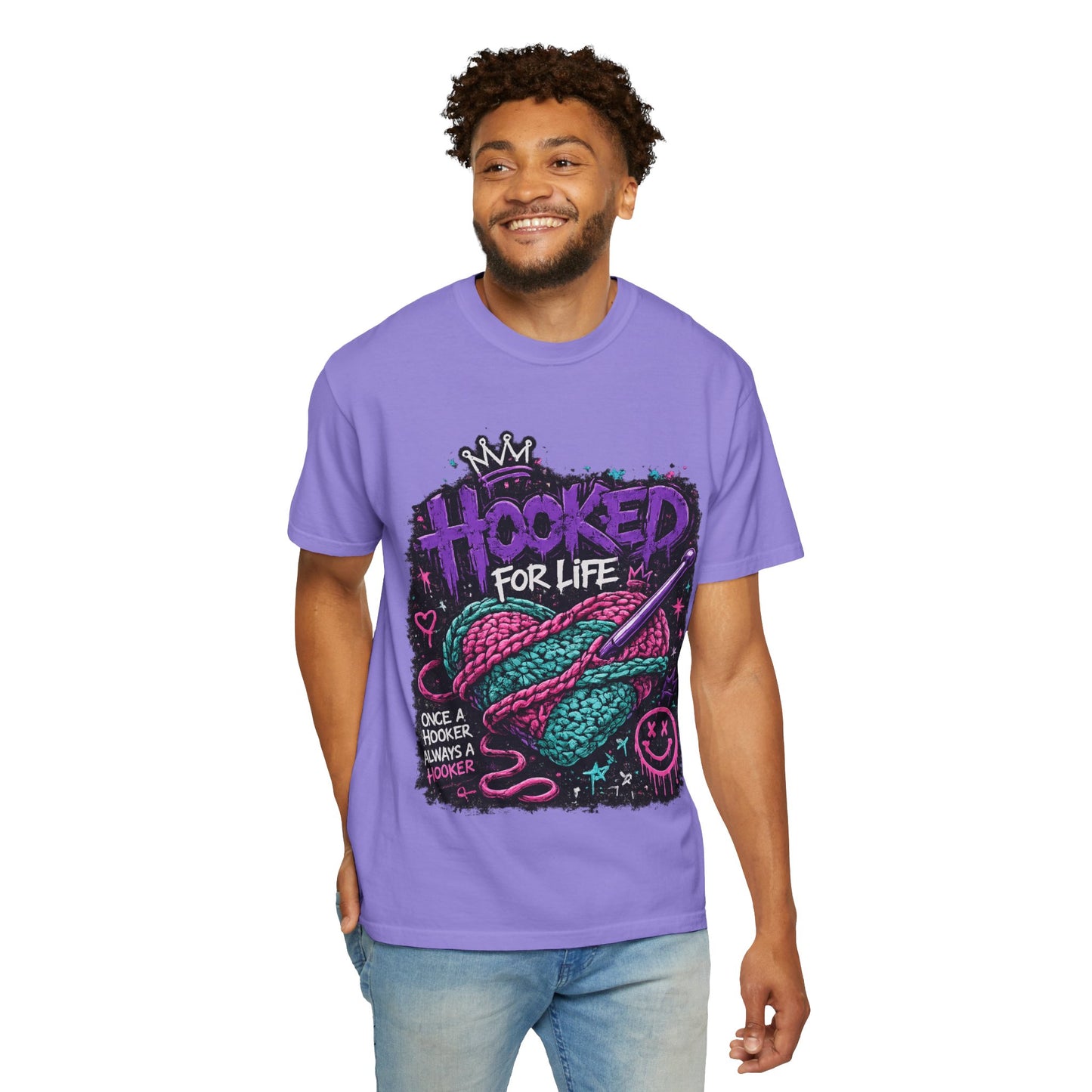 Hooked For Life Knitting T-Shirt — "Hooked for Life" Yarn & Crochet Graphic Tee