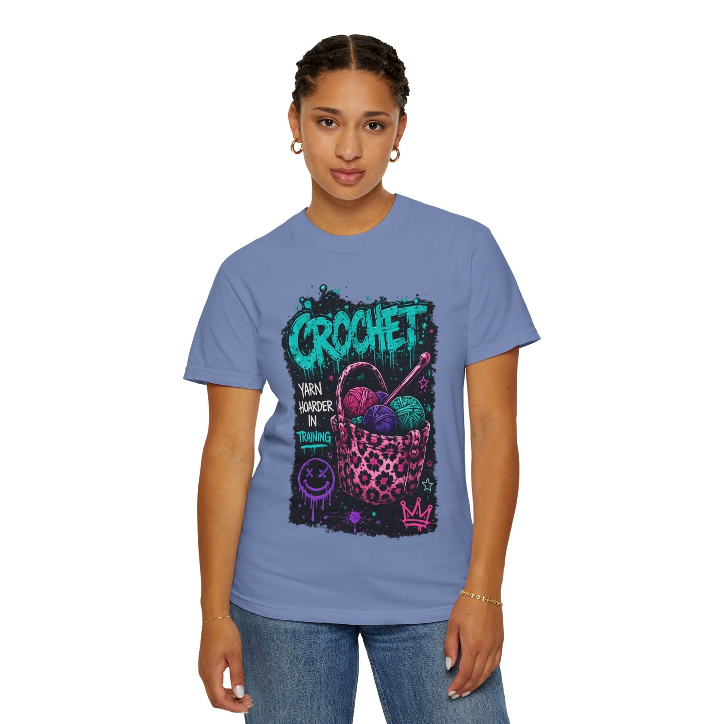 Crochet Crewneck T‑Shirt — "Yarn Harder in Training" Graphic