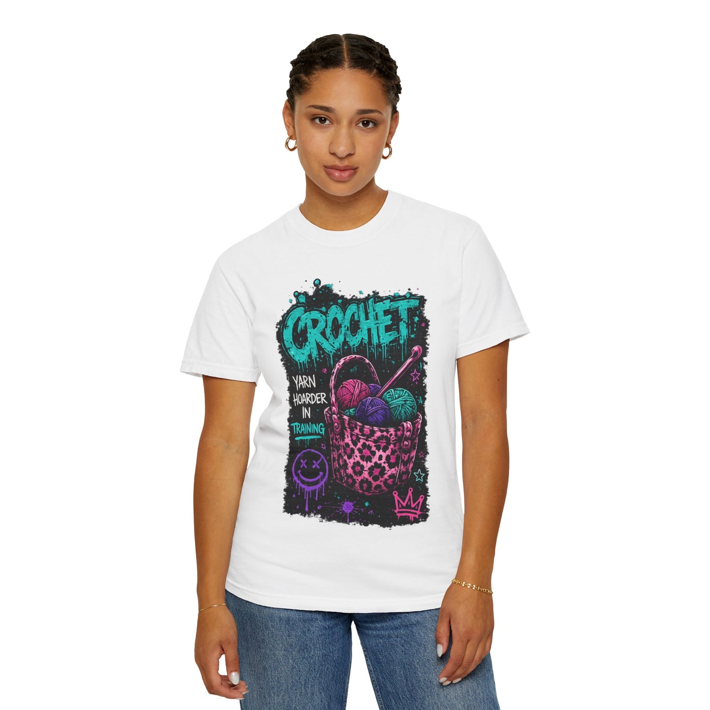 Crochet Crewneck T‑Shirt — "Yarn Harder in Training" Graphic