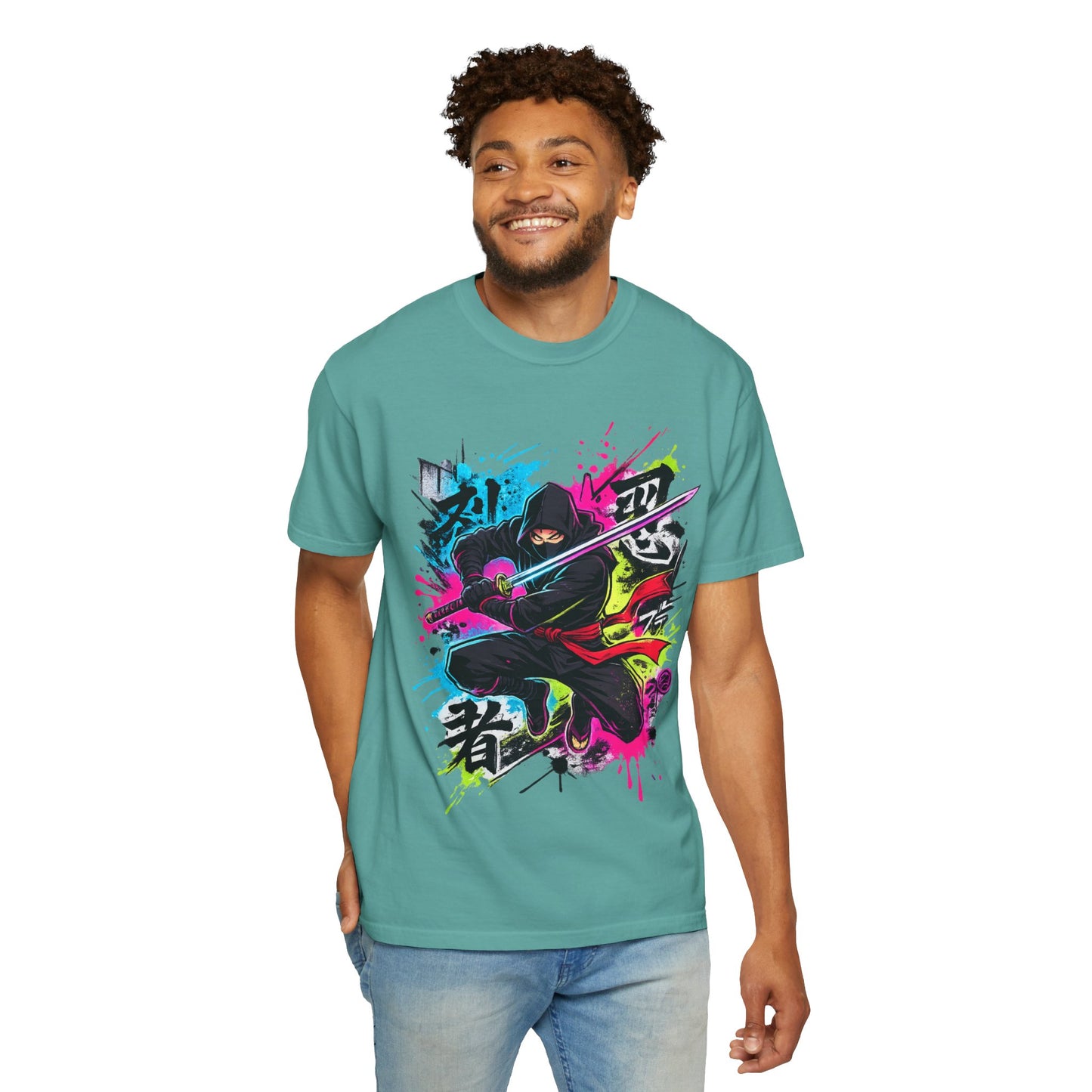 Neon Ninja Samurai T-Shirt — Vibrant Graffiti Sword Art