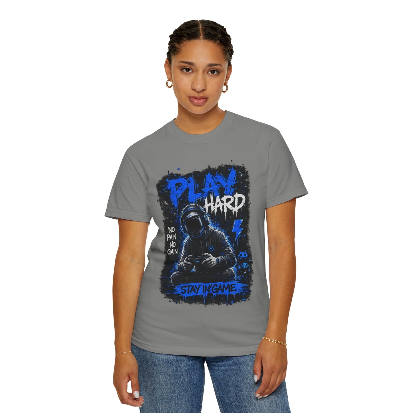 Play Hard Gamer Graphic T-Shirt — "No Pain No Gain" Hooded Player Design