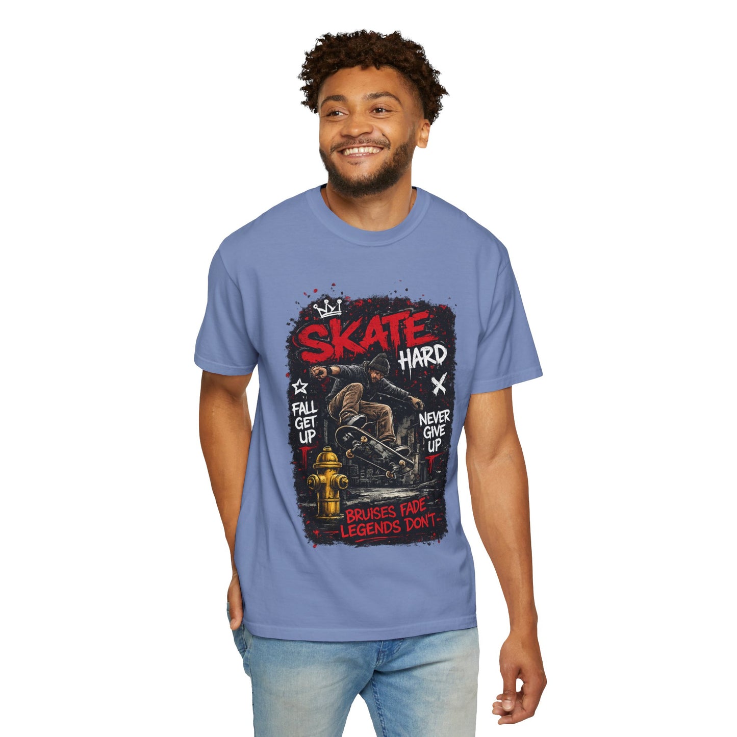 Skate Hard Graphic T-Shirt — "Skate Hard / Brushes Fade Legends Don’t" Streetwear Tee
