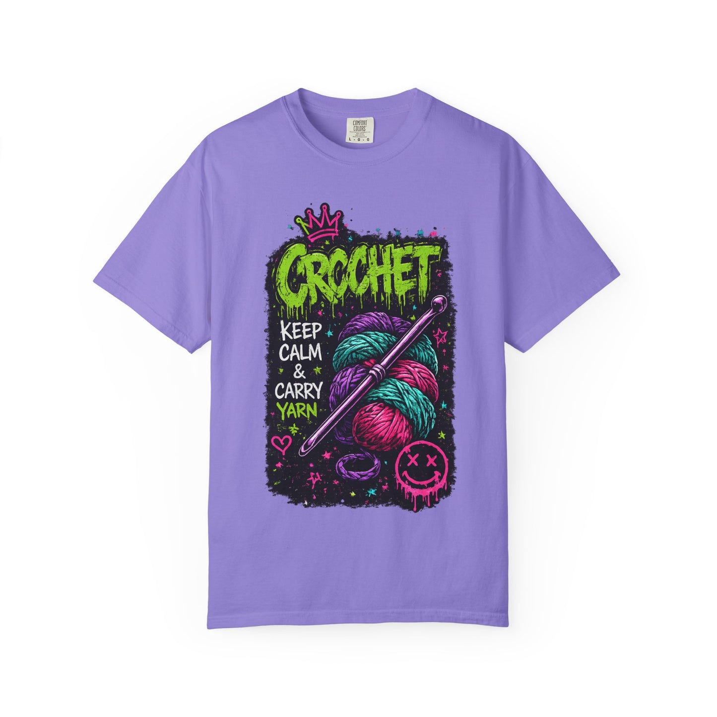 Crochet Keep Calm T-Shirt — Neon Yarn Graphic Tee for Crafters