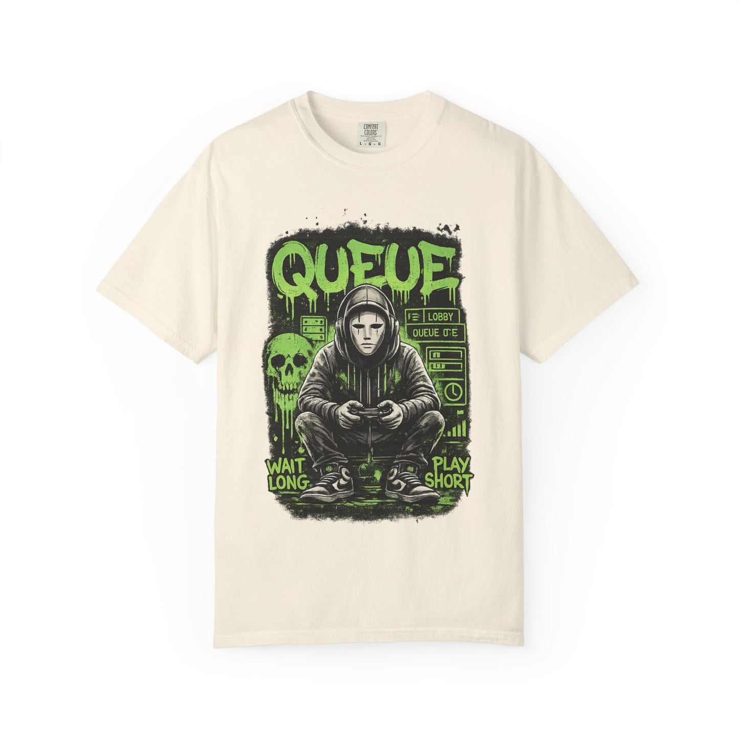 Queue Gamer Hoodie T-Shirt | Waiting Player Graphic Tee, Neon Green Skull Art