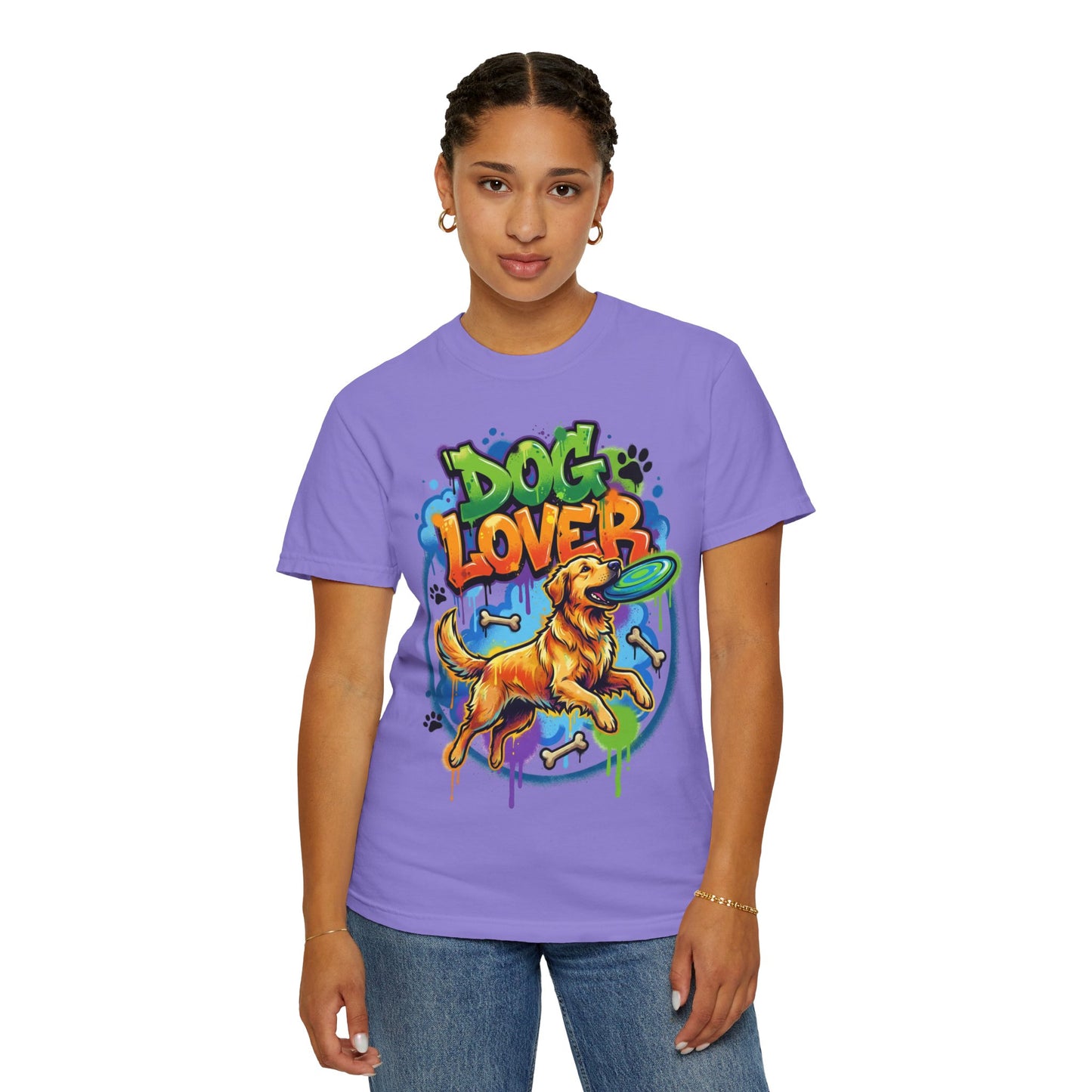 Dog Lover T-Shirt — Colorful Golden Retriever Frisbee Graphic Tee