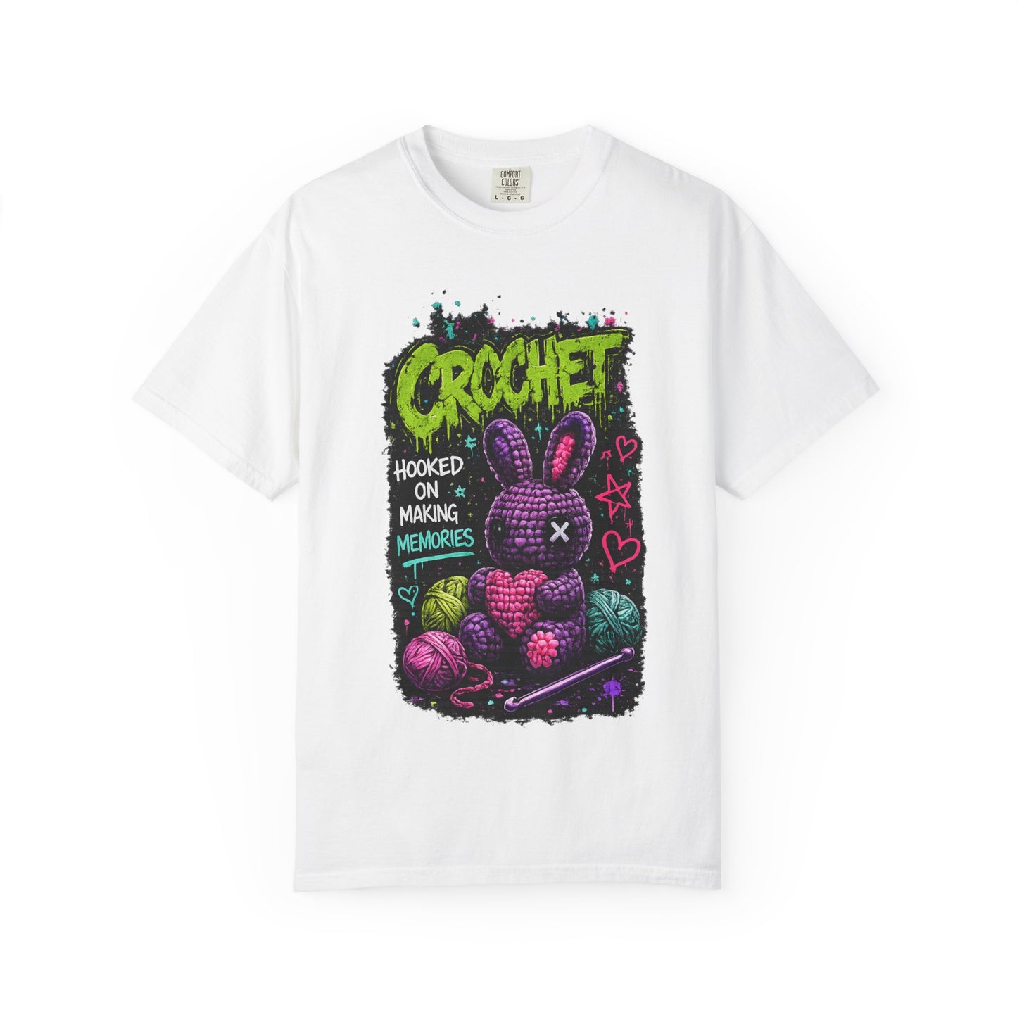 Crochet Bunny Graphic T-Shirt — “Hooked on Making Memories”
