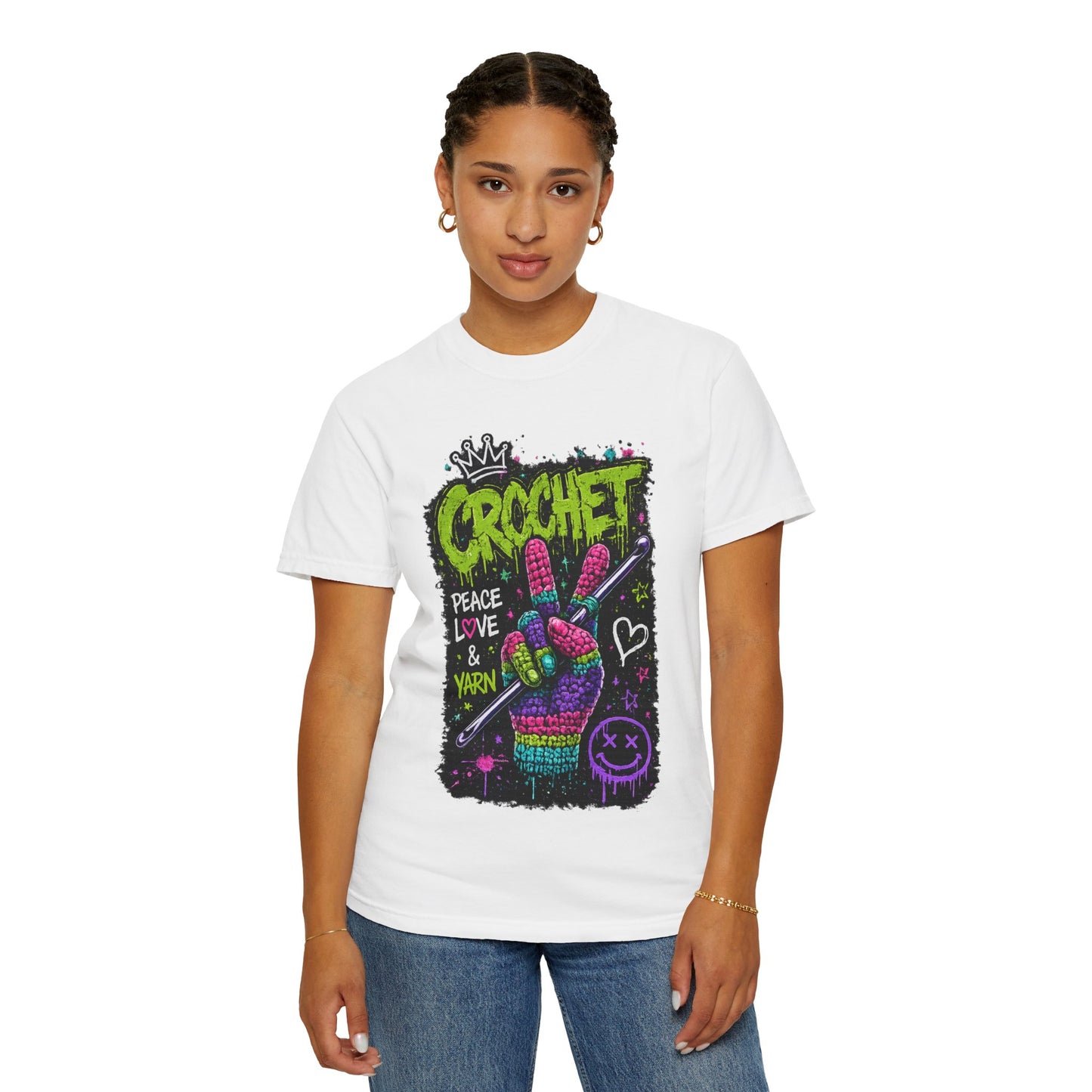 Crochet Peace Sign T-Shirt — "Crochet: Peace, Love & Yarn" Graphic Tee