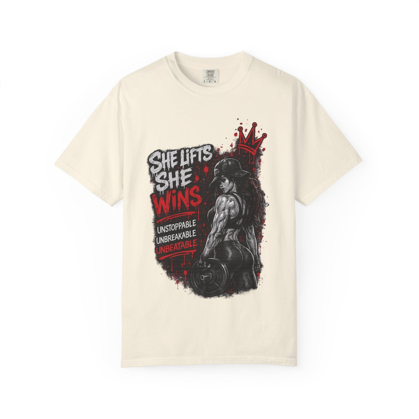 She Lifts She Wins T-Shirt — Women’s Strength Fitness Graphic Tee