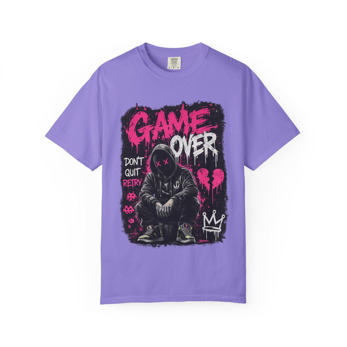 Game Over Graphic T-Shirt — Urban Streetwear Tee with Hooded Figure & 'Don't Quit, Retry' Design