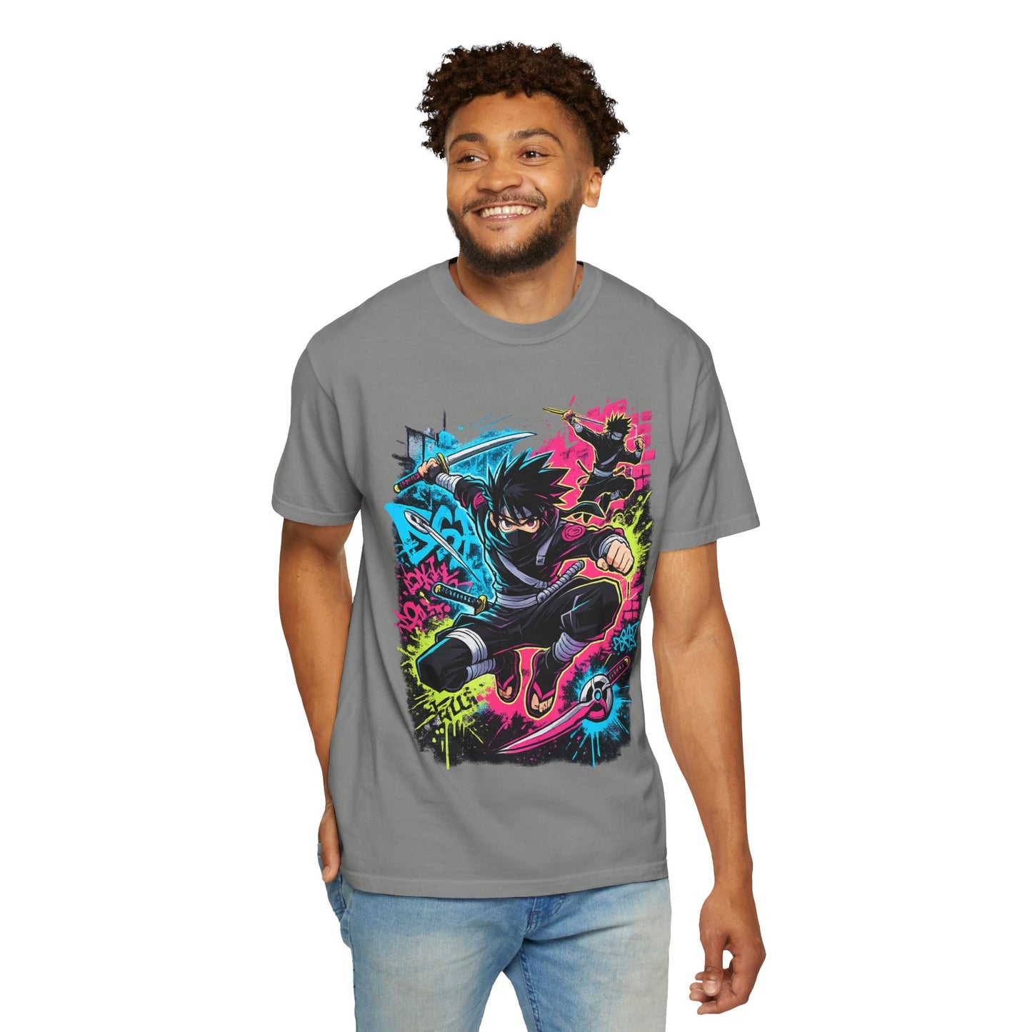 Anime Ninja Street Art T-Shirt — Neon Graffiti Graphic Tee