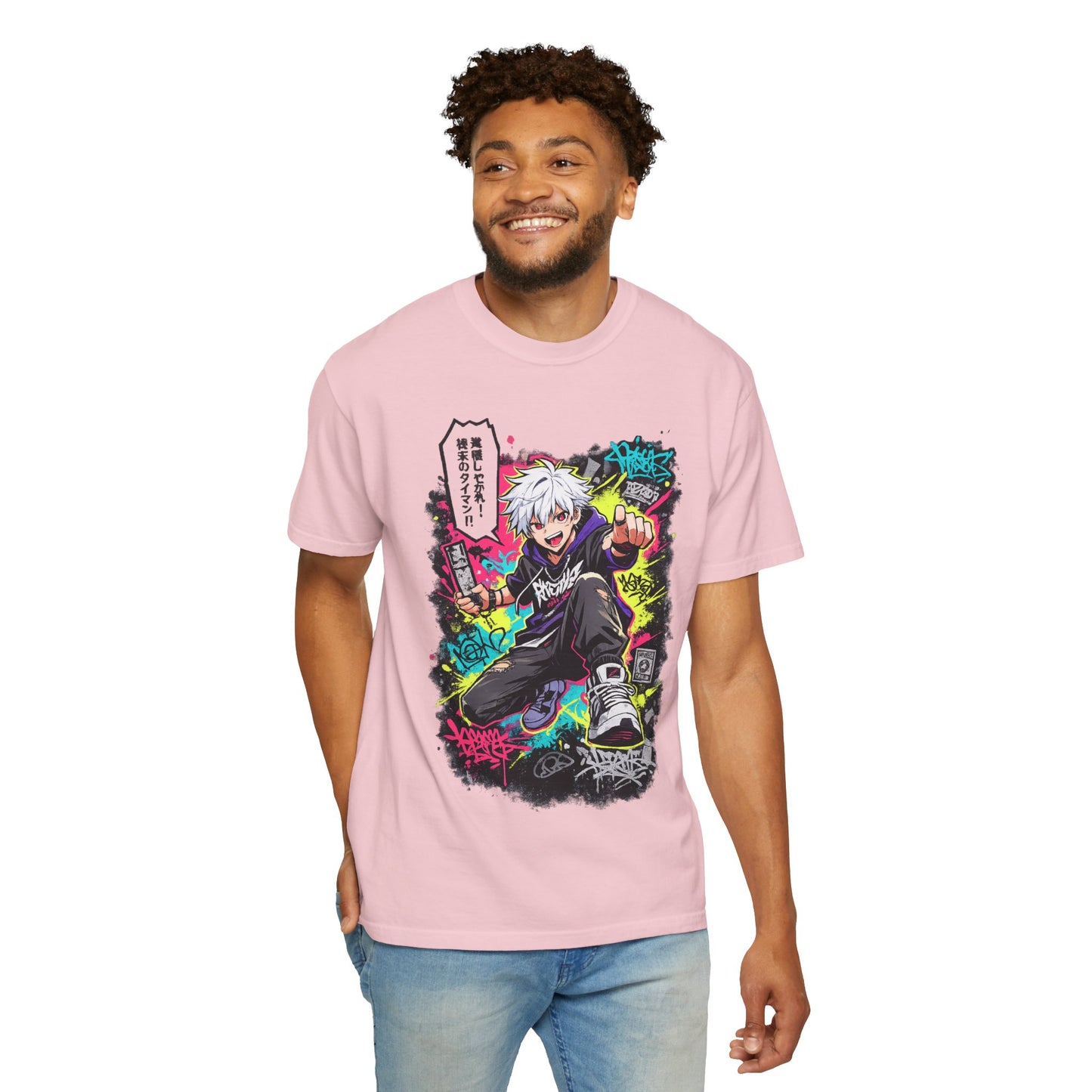 Anime Streetwear T-Shirt — Neon Urban Character Design with Japanese Text