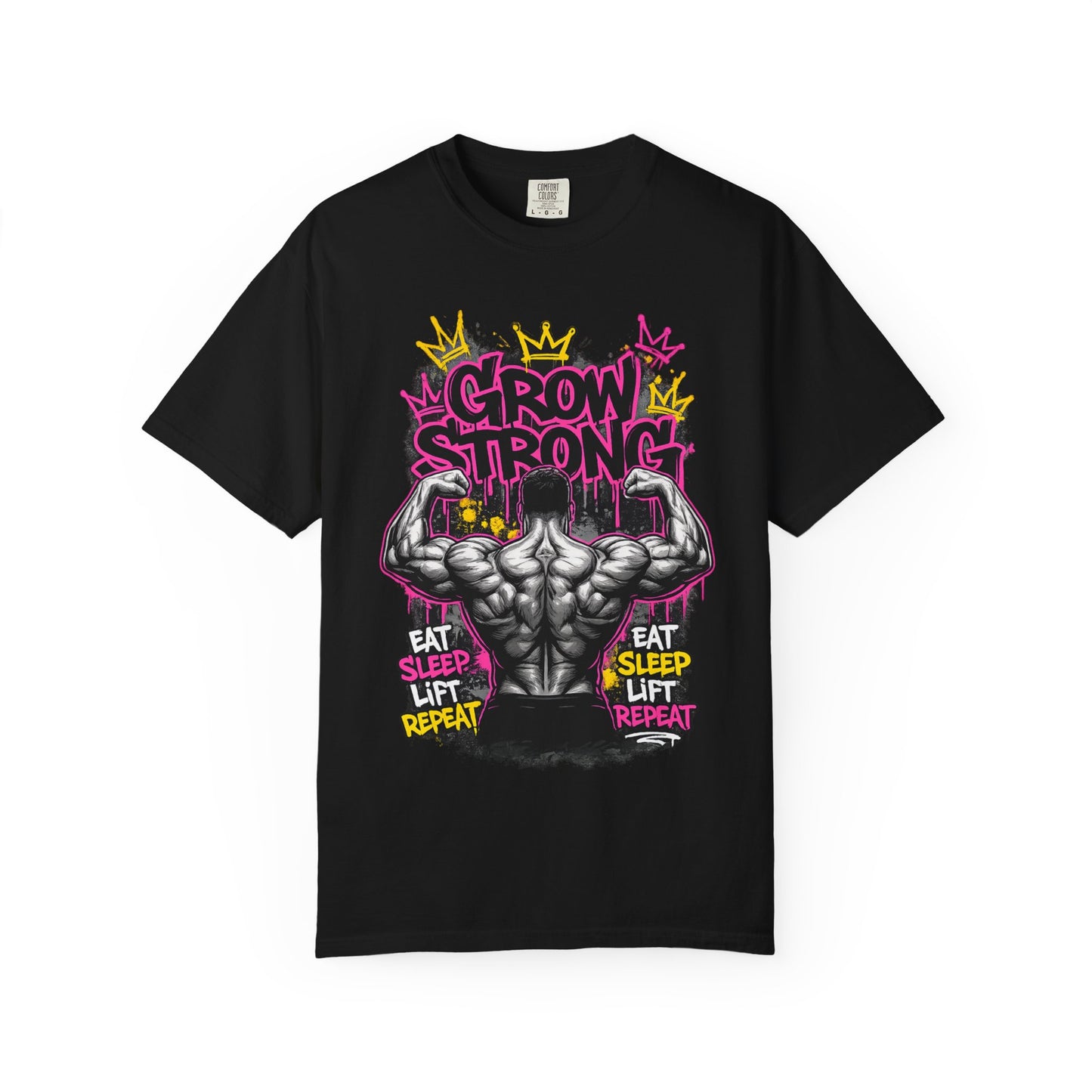 Grow Strong muscular back illustration T-shirt | Eat Sleep Lift Repeat gym tee