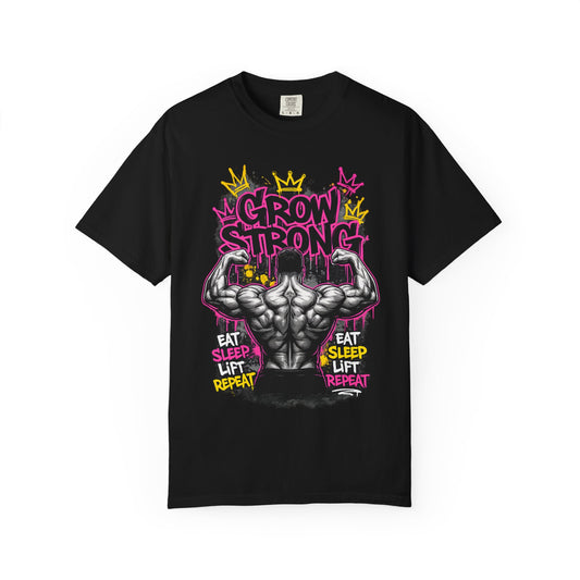 Grow Strong muscular back illustration T-shirt | Eat Sleep Lift Repeat gym tee