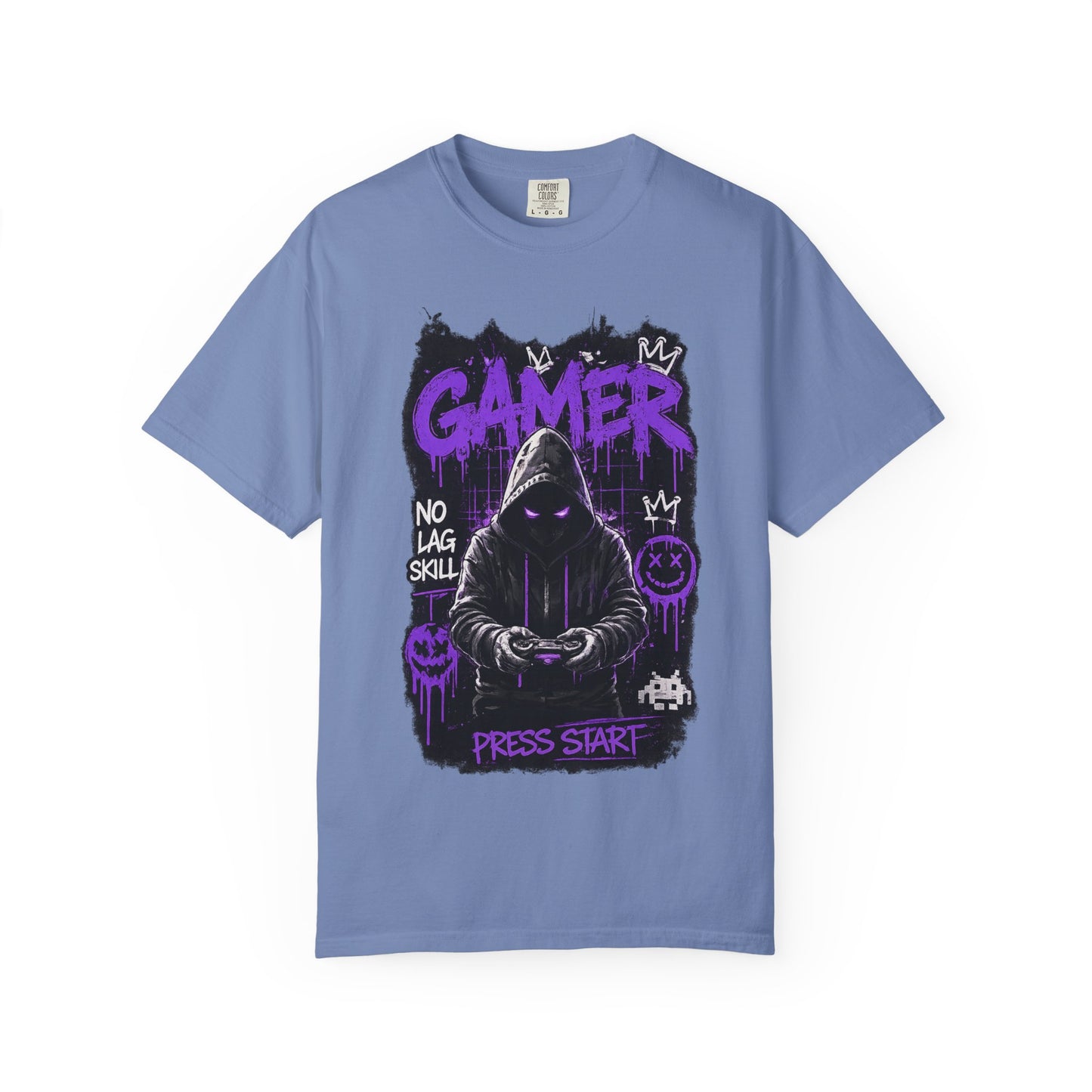 Gamer Hoodie Skull T‑Shirt — 'GAMER' Purple Graphic Press Start Tee