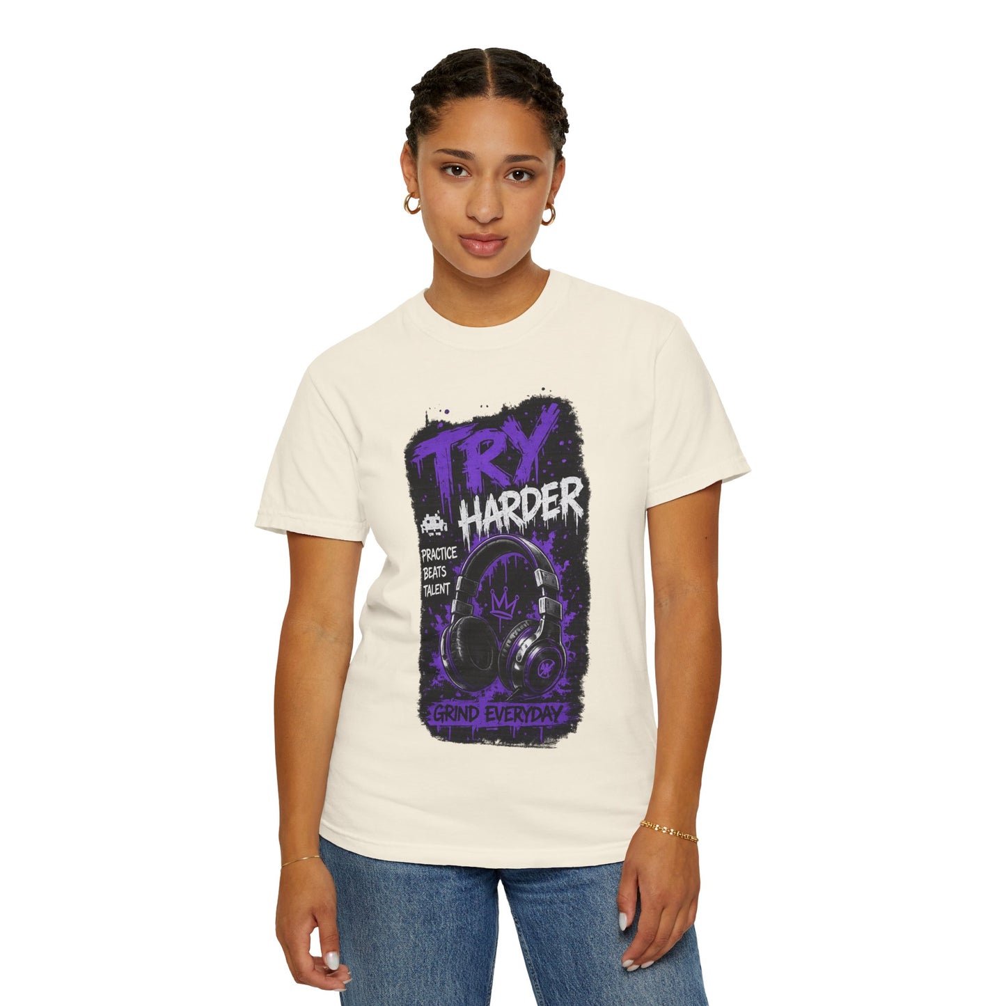 Try Harder Graphic T-Shirt — 'Try Harder' Headphones Motivational Tee