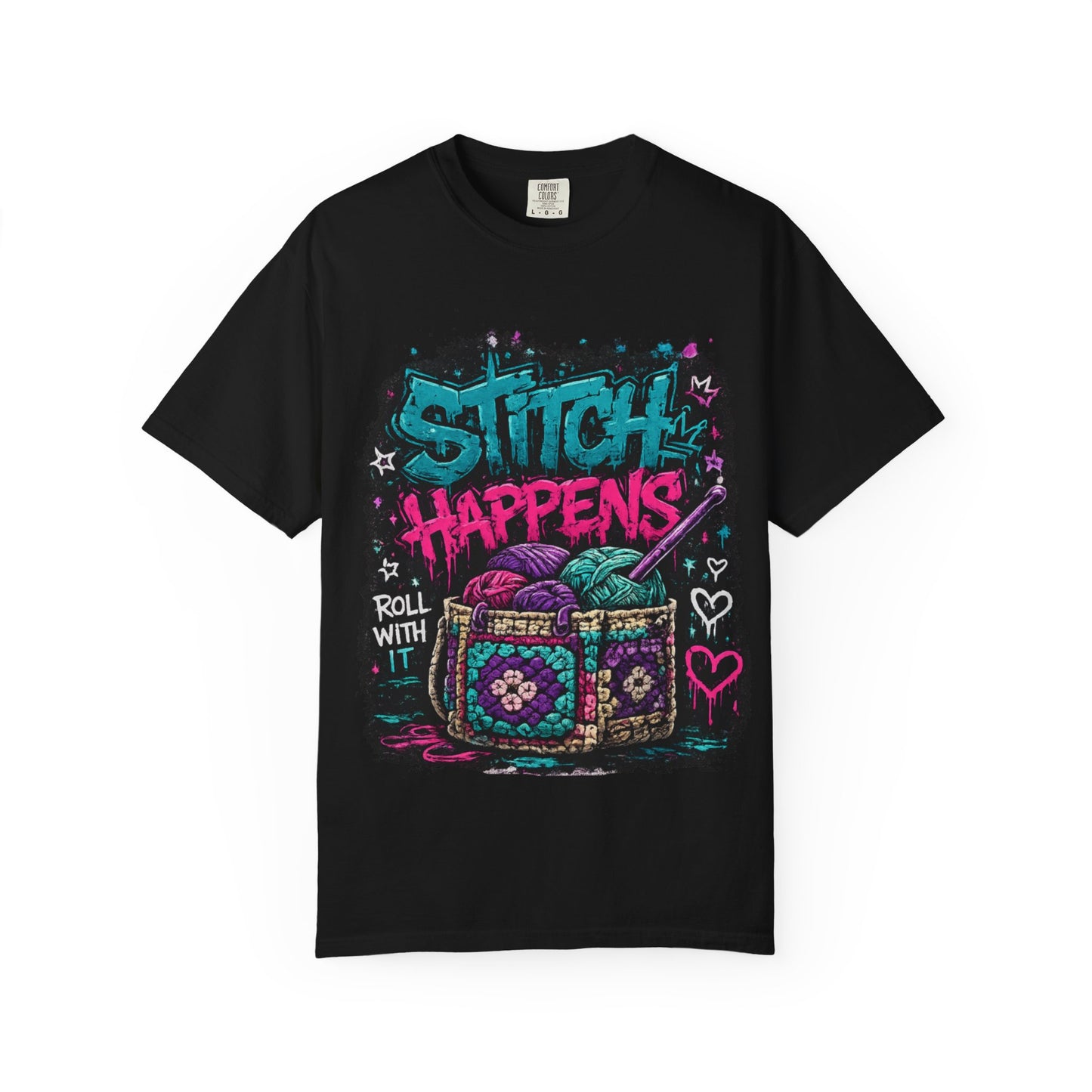 Stitch Happens T‑Shirt — Funny Knitting Crochet Tee (Roll With It)