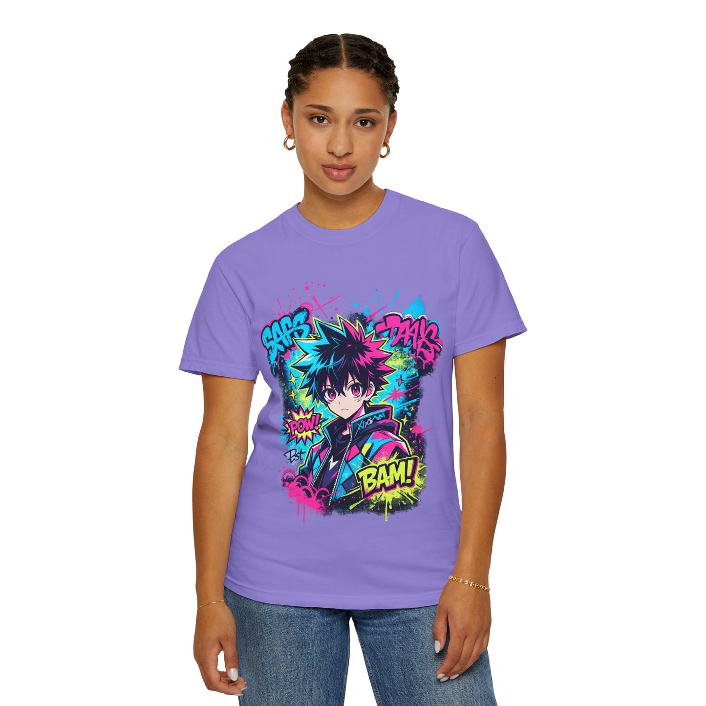 Anime Comic Boy Graphic T-Shirt — Neon Manga "BAM!" Design