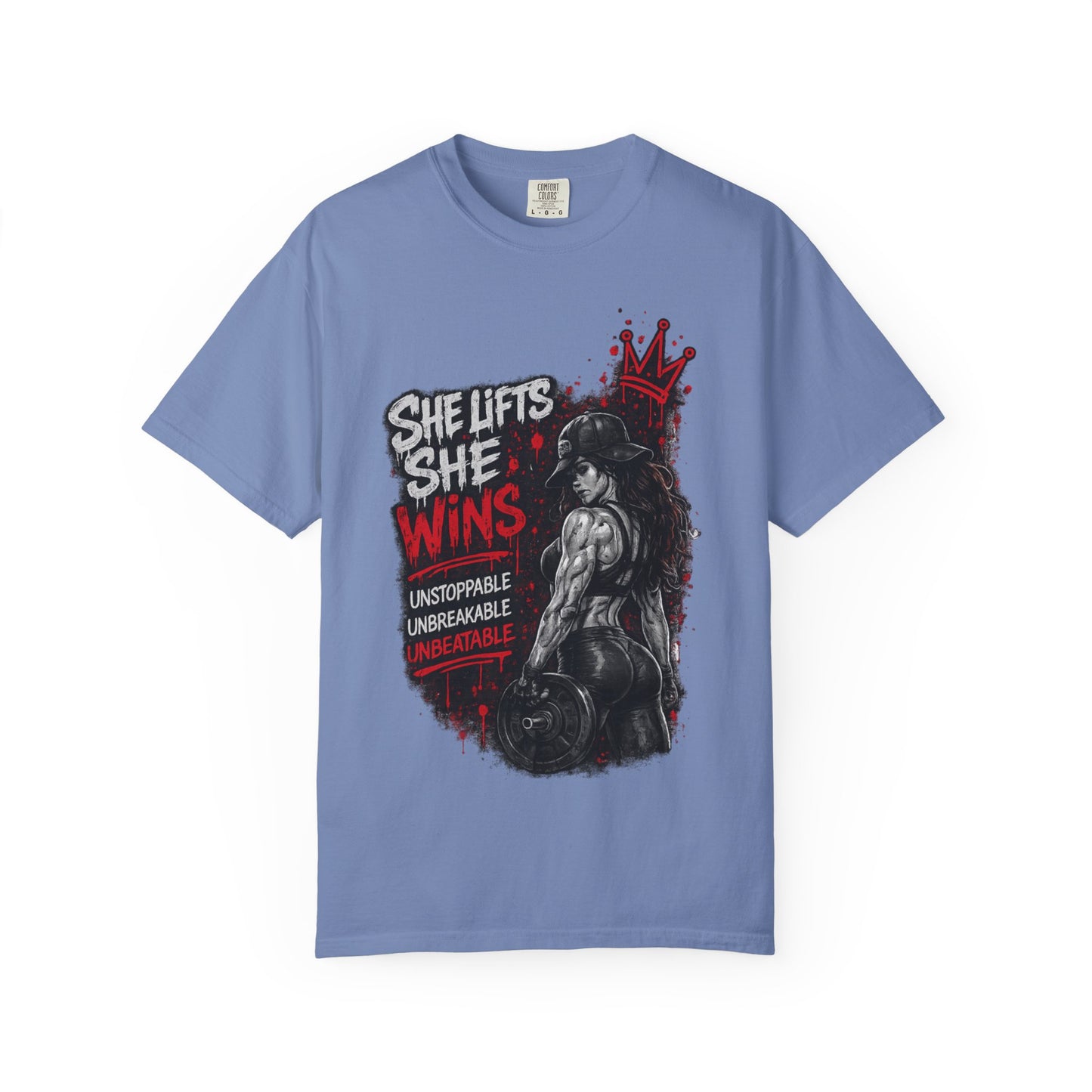 She Lifts She Wins T-Shirt — Women’s Strength Fitness Graphic Tee