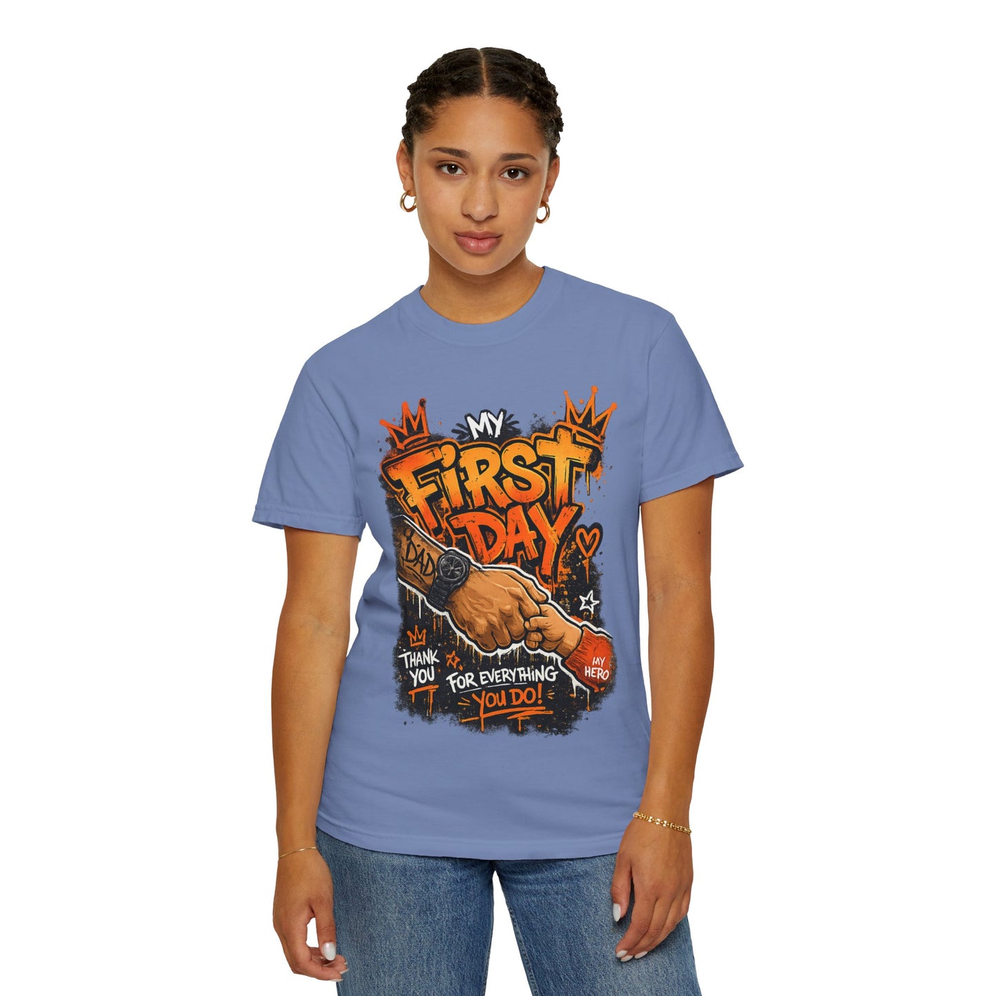 My First Day graphic T-shirt | Thank You Dad, hand shake illustration