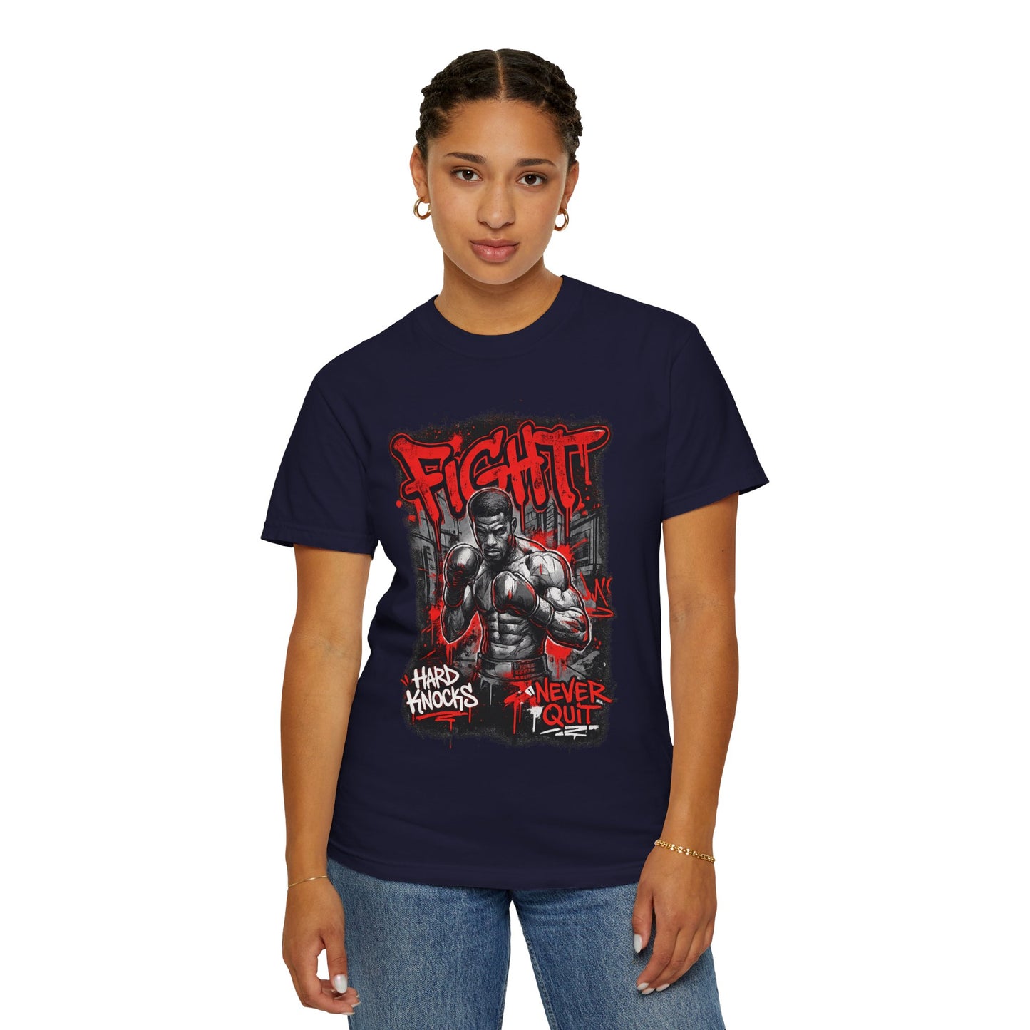 Fight Graphic T-Shirt — "Hard Knocks, Never Quit" Motivational Boxing Tee