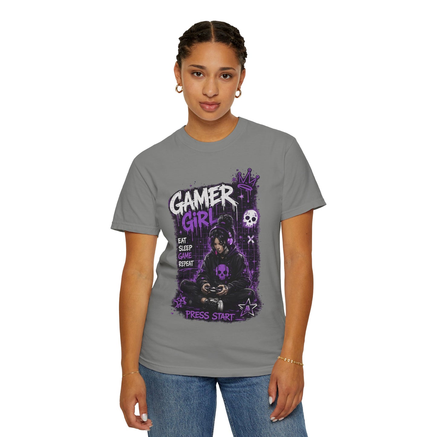 Gamer Girl T-Shirt — Retro Purple Gaming Graphic Tee ("Eat Sleep Game Repeat")