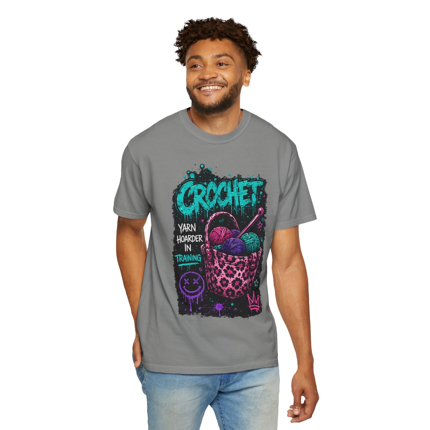 Crochet Crewneck T‑Shirt — "Yarn Harder in Training" Graphic