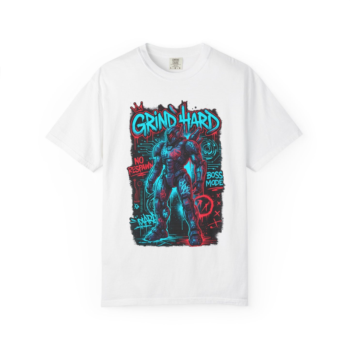 Grind Hard Gamer Warrior T-shirt | Neon Retro Gym Graphic