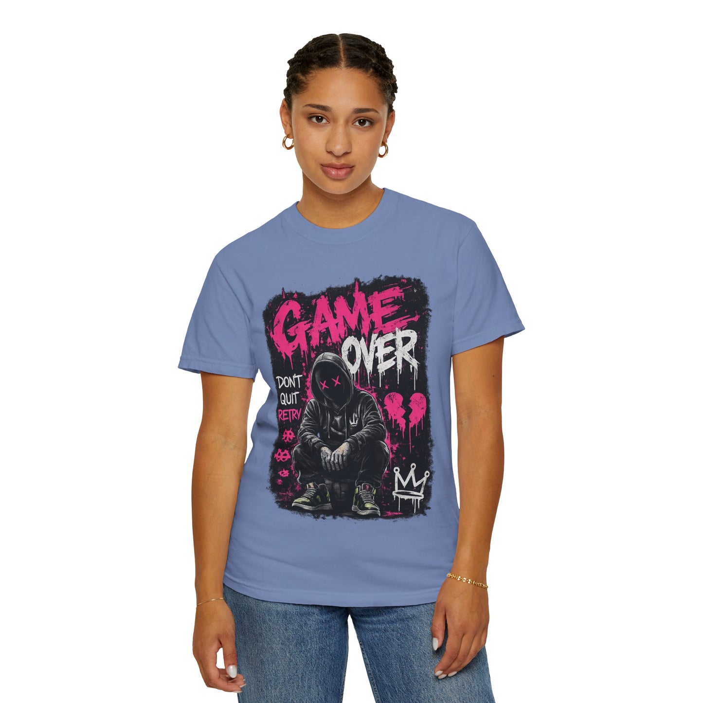 Game Over Graphic T-Shirt — Urban Streetwear Tee with Hooded Figure & 'Don't Quit, Retry' Design