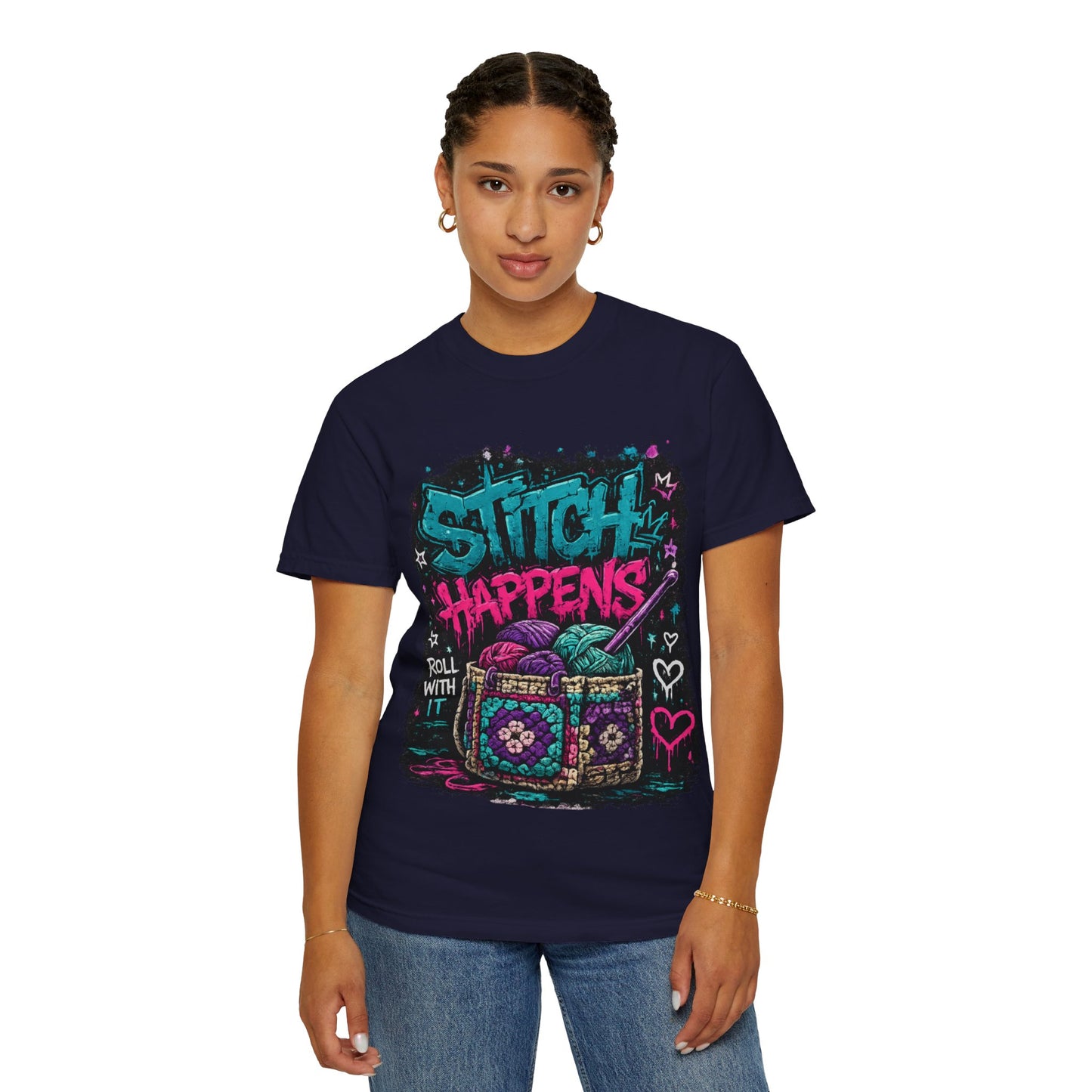 Stitch Happens T‑Shirt — Funny Knitting Crochet Tee (Roll With It)