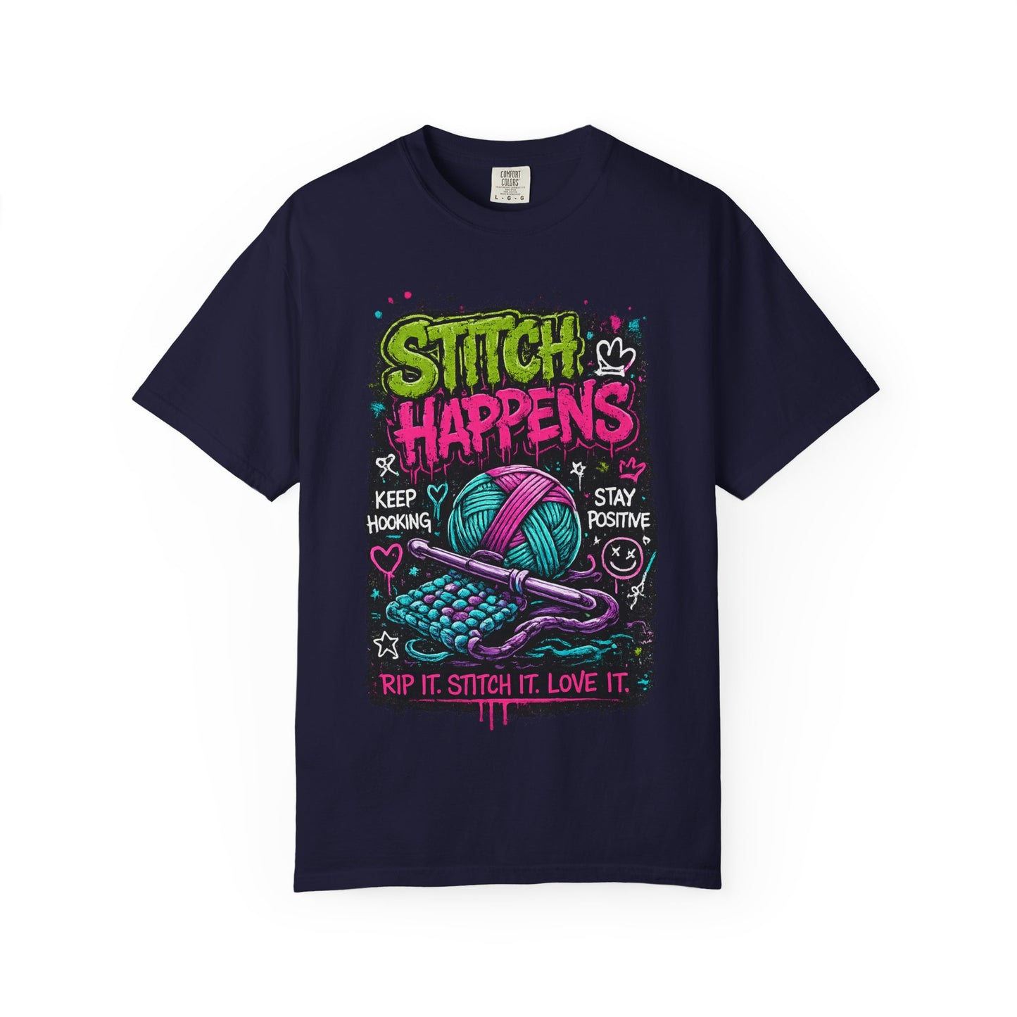 Stitch Happens T-Shirt — Funny Knitting & Crochet Graphic Tee