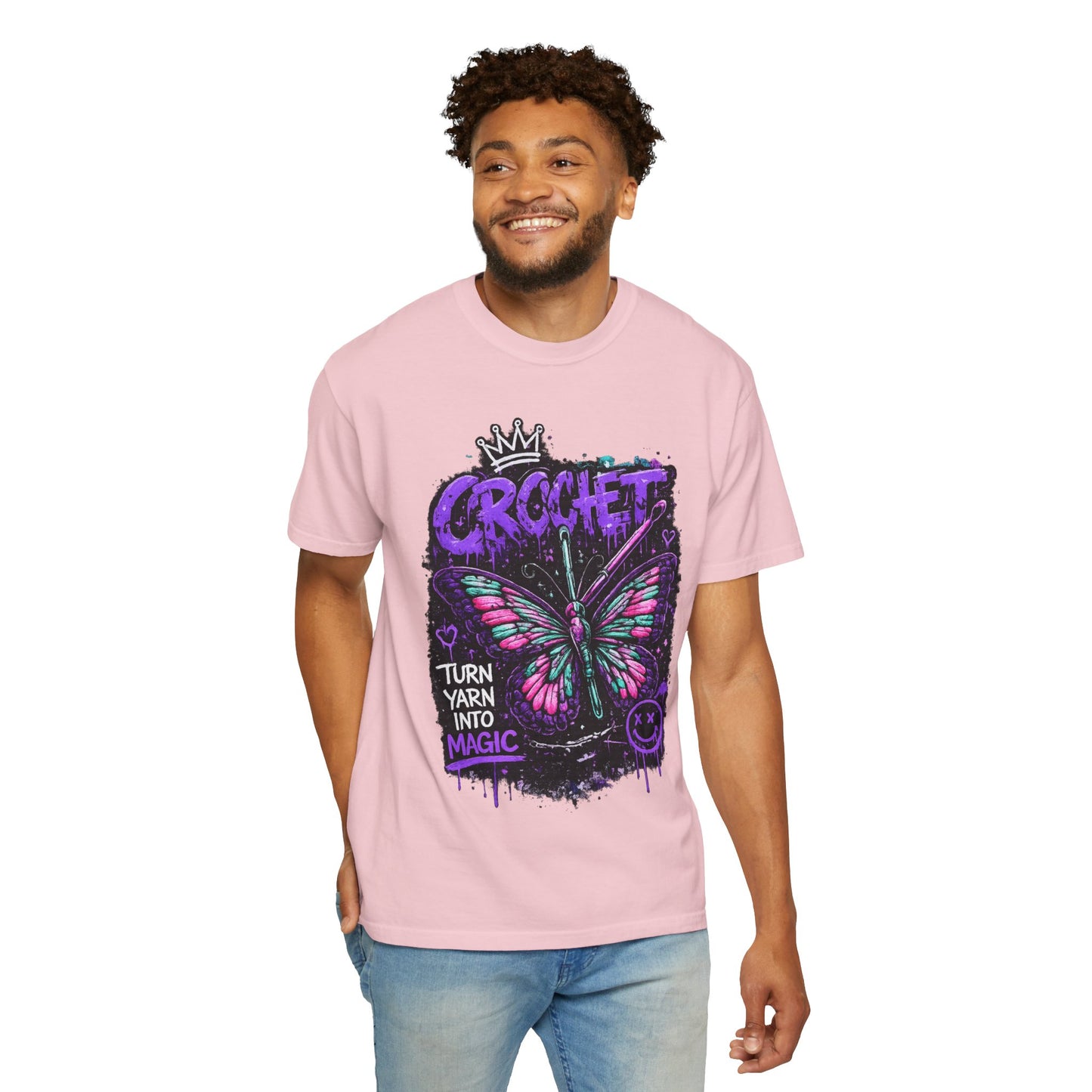 Crochet Butterfly T-Shirt — "Turn Yarn Into Magic" Graphic Tee