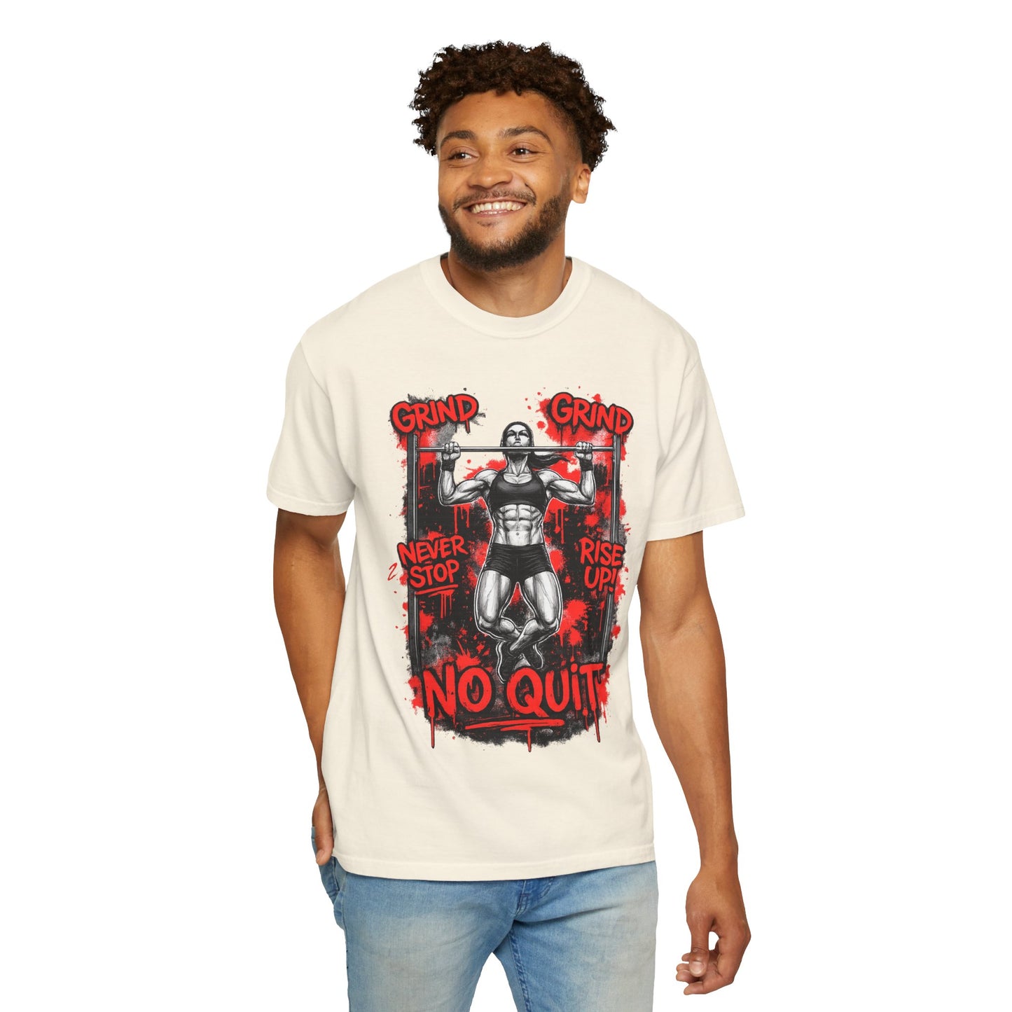 No Quit Gym T-Shirt — 'Grind, Never Stop, Rise Up' Motivational Fitness Tee
