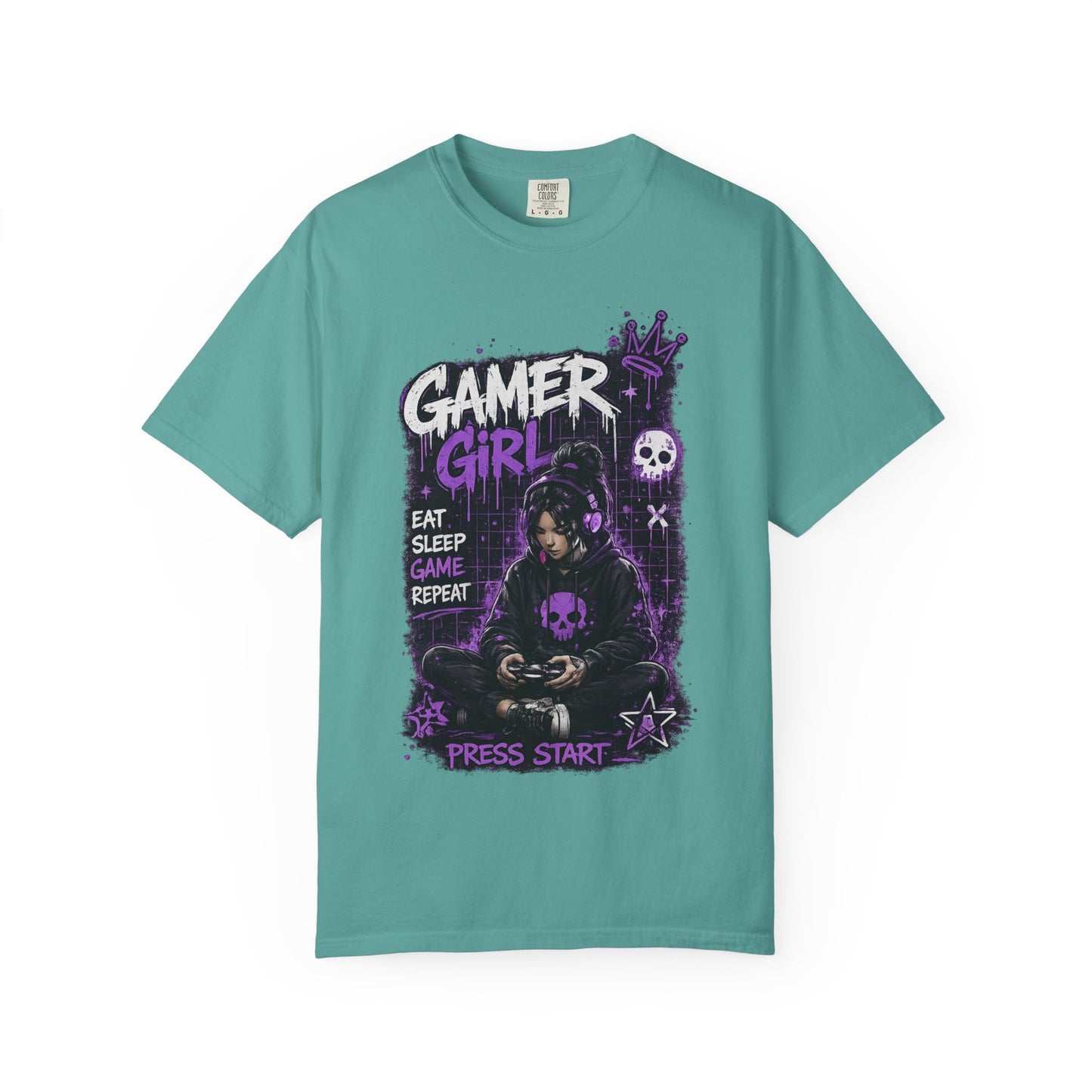 Gamer Girl T-Shirt — Retro Purple Gaming Graphic Tee ("Eat Sleep Game Repeat")