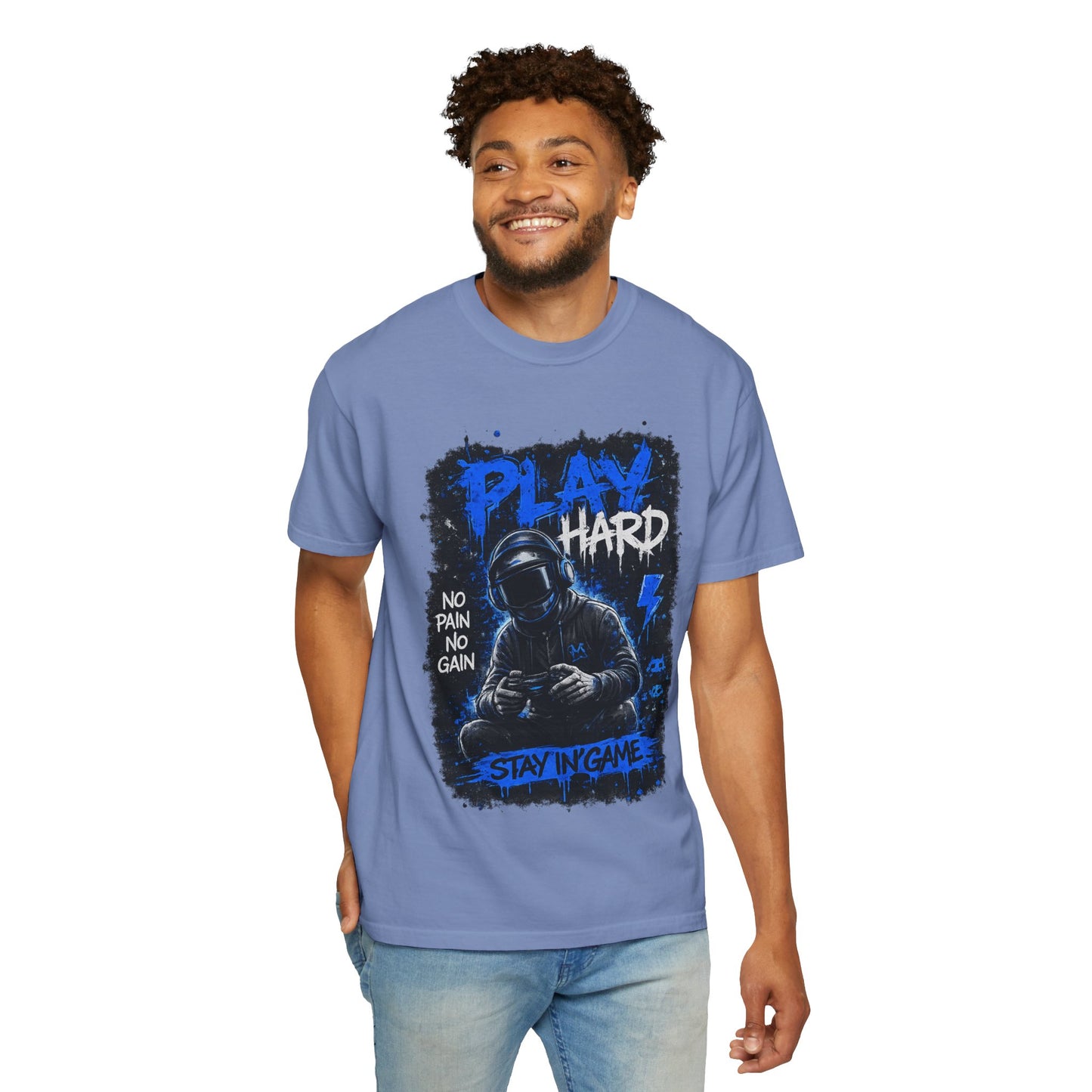 Play Hard Gamer Graphic T-Shirt — "No Pain No Gain" Hooded Player Design