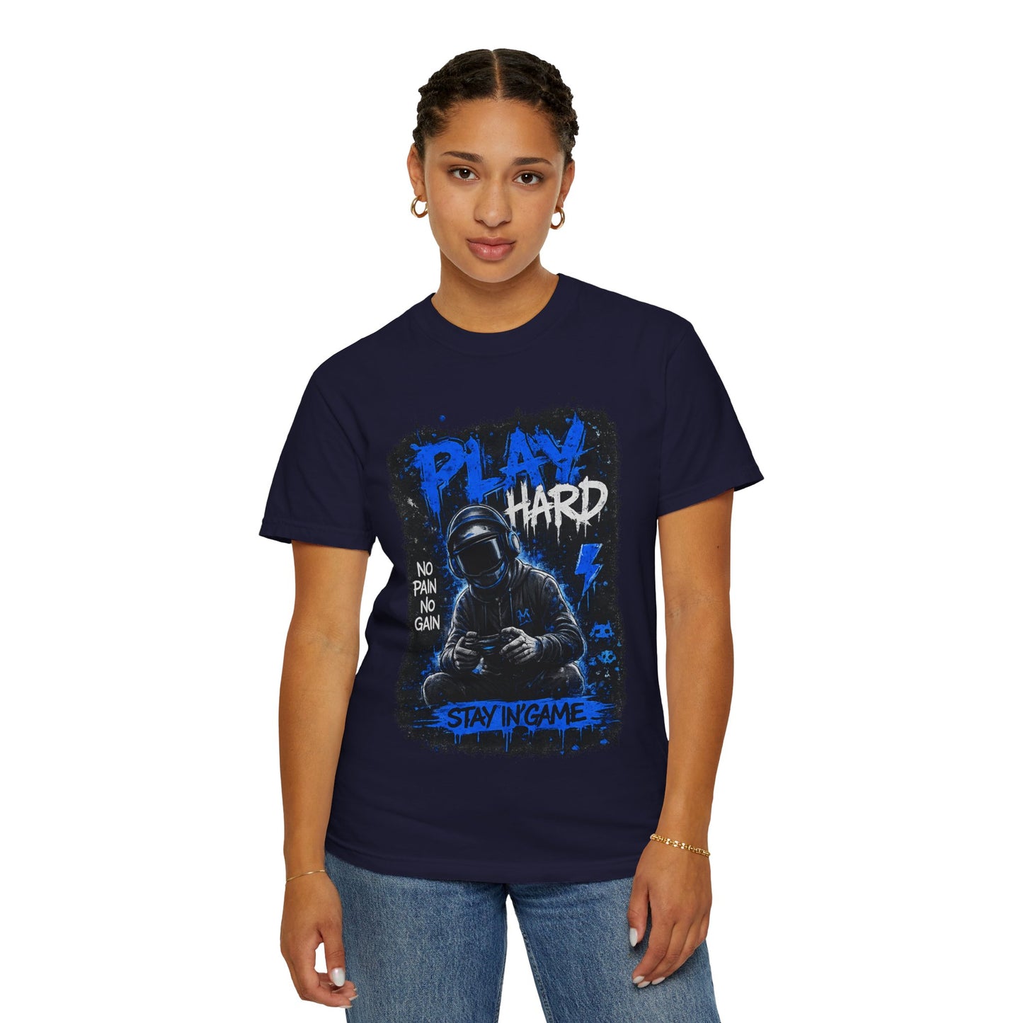 Play Hard Gamer Graphic T-Shirt — "No Pain No Gain" Hooded Player Design